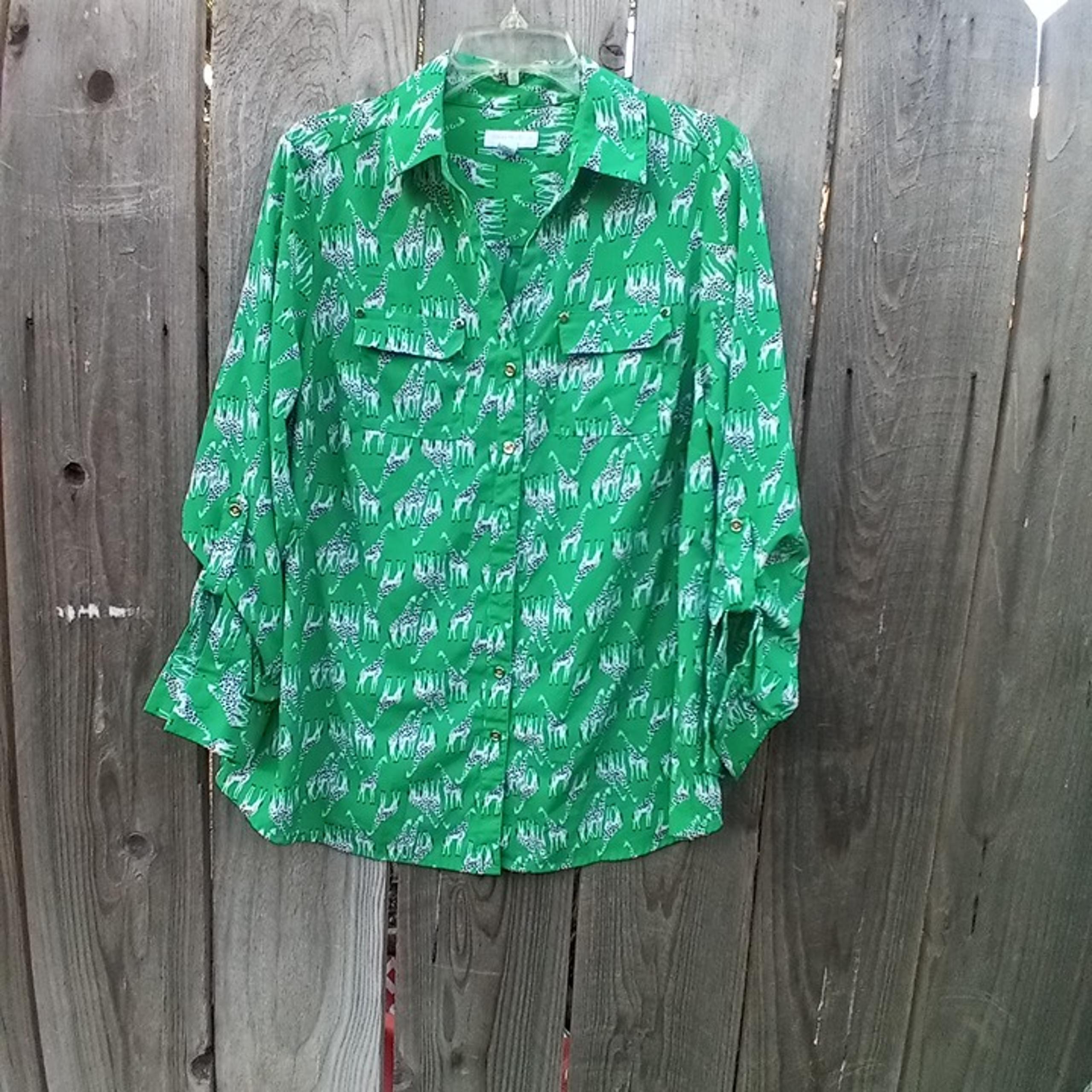 CHARTER CLUB Shirt Womens Size 0X Giraffe Print Button Up Roll Sleeve Tab