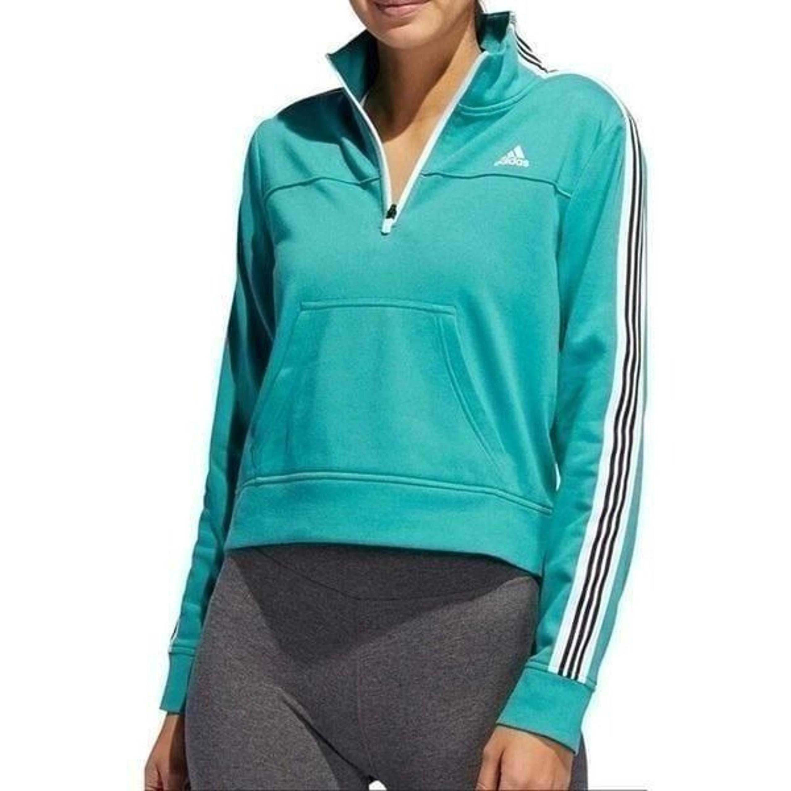 Adidas Women's 1/4 Zip Pullover Sweatshirt Small Teal With Striped Sleeves NWOT