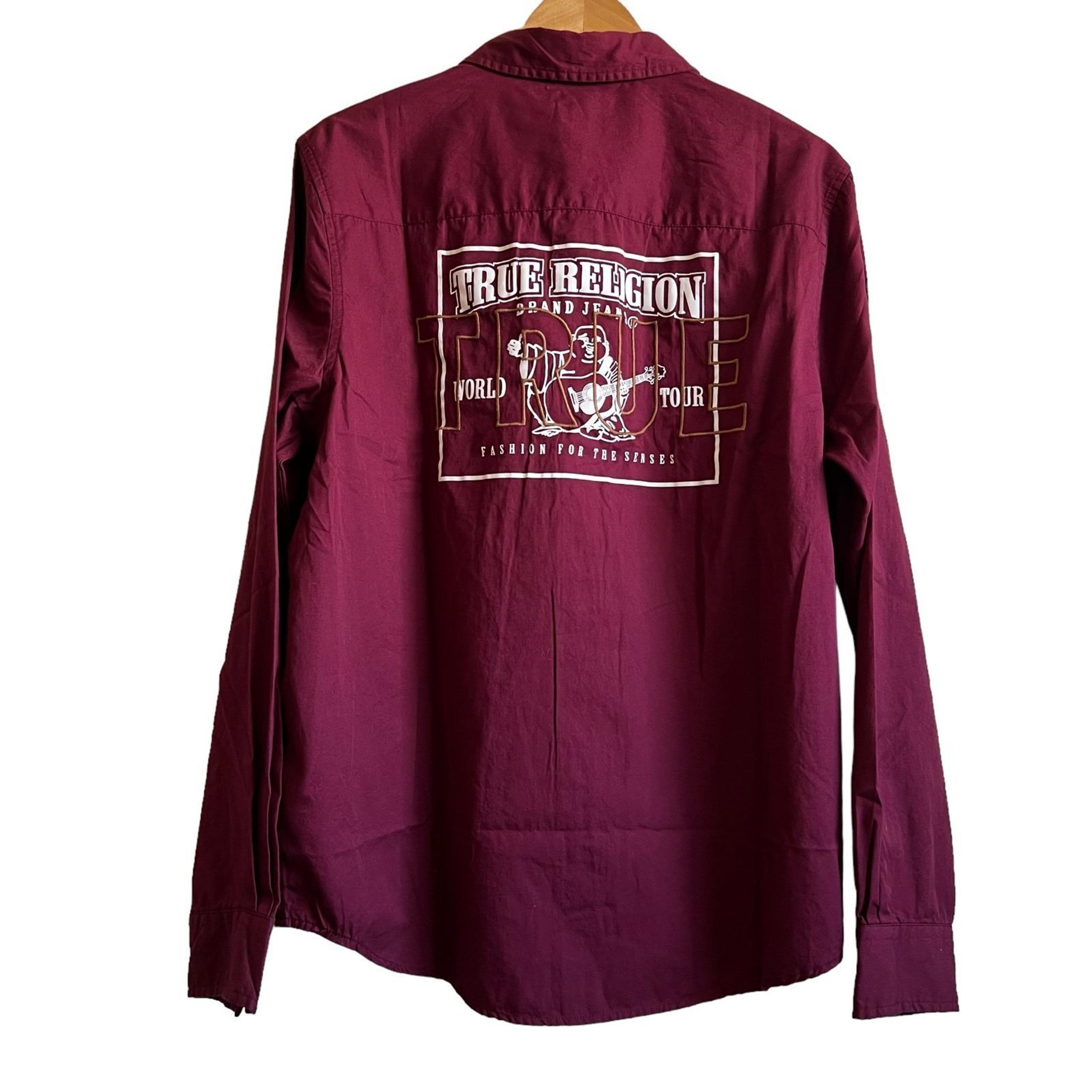 True Religion NEW Large Button Down Burgundy Cotton Spell Out Back Mens Shirt Wo