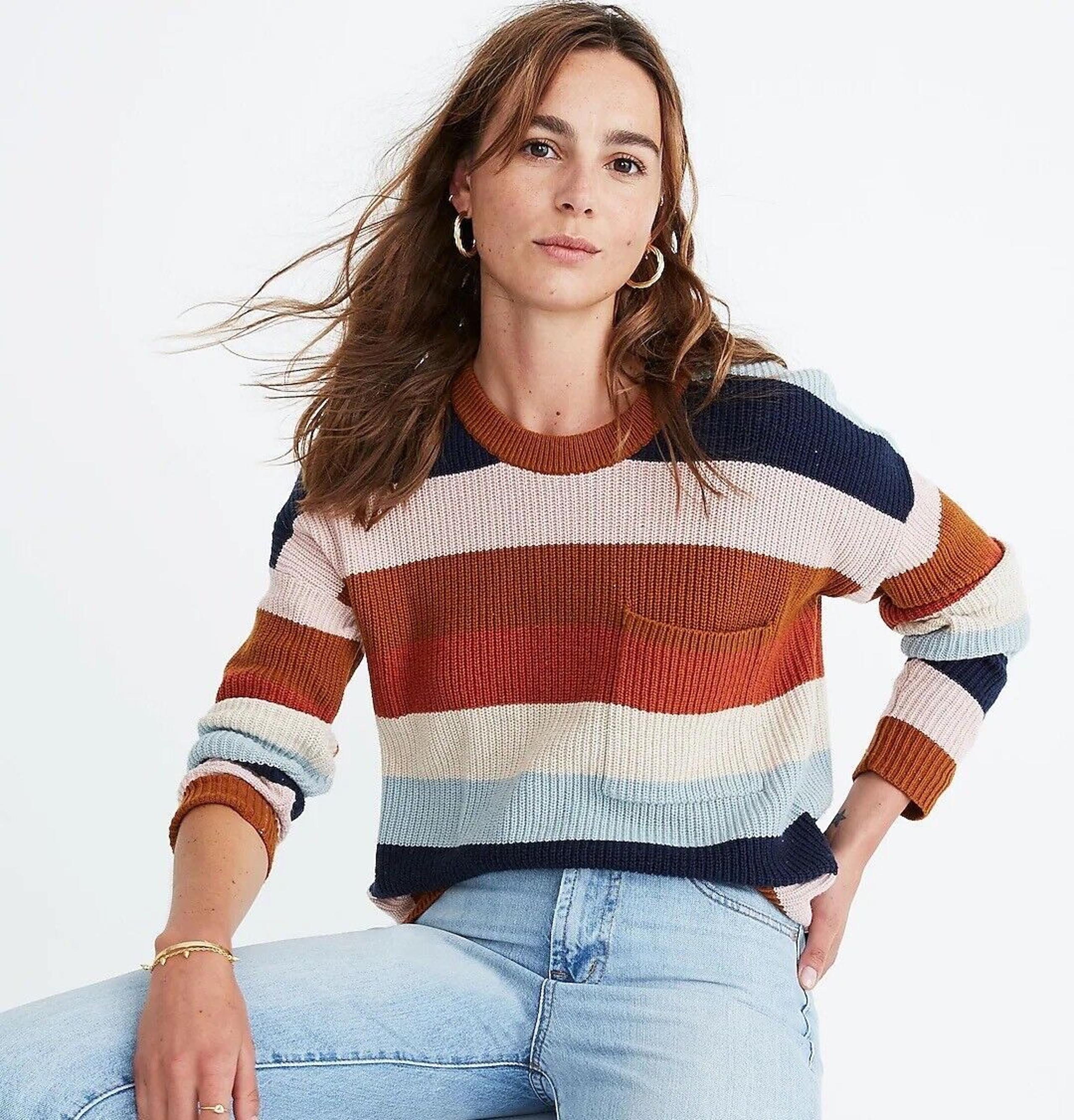 Madewell Pullover Sweater XS Pocket Rainbow Stripe Thompson Hi Low Fawn Boxy