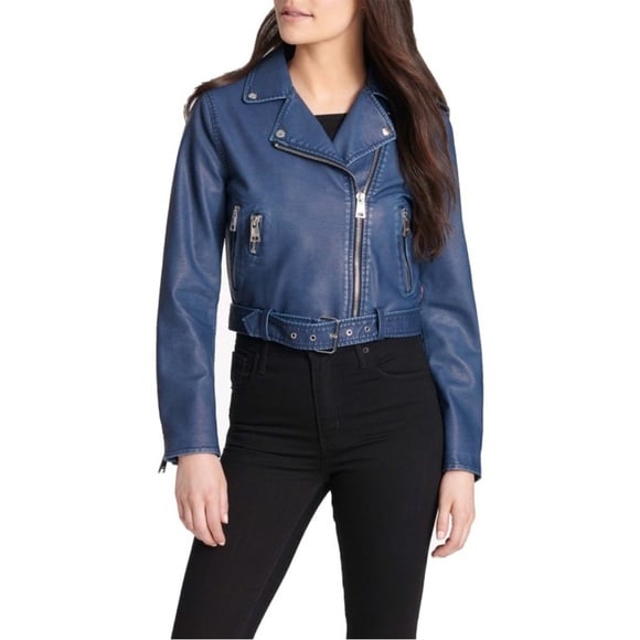 Levi’s Vegan Leather Belted Moto Jacket Navy Blue XL