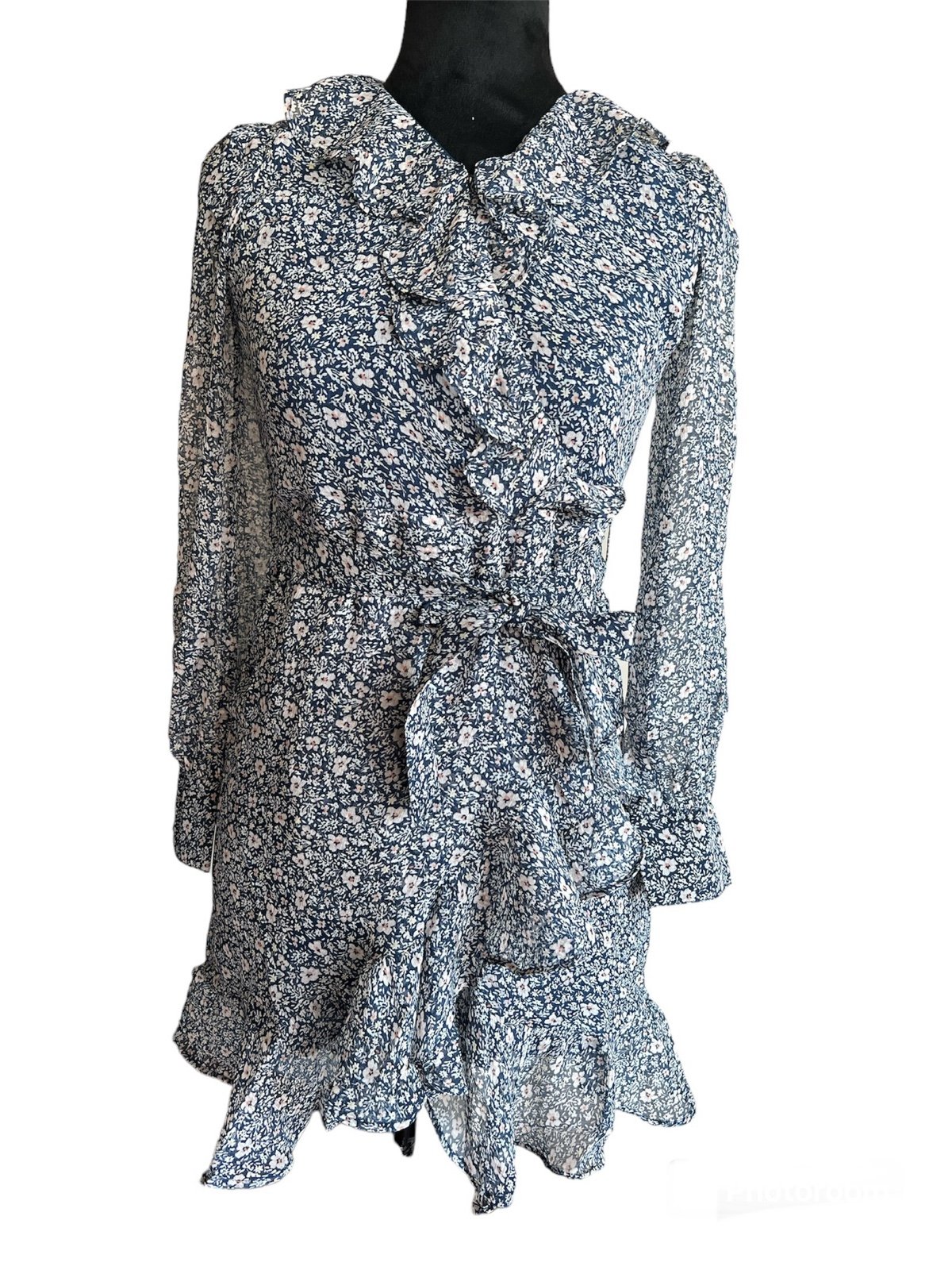 Bardot Junior Esther Wrap Dress Blue Ditsy Floral Long Sleeve Size 14 US/AUS/UK