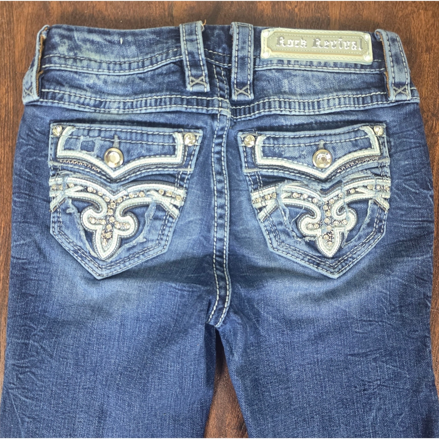 Rock Revival Pilkin Mid-Rise Stretch Boot Jeans Bling Button Flap Back Pockets