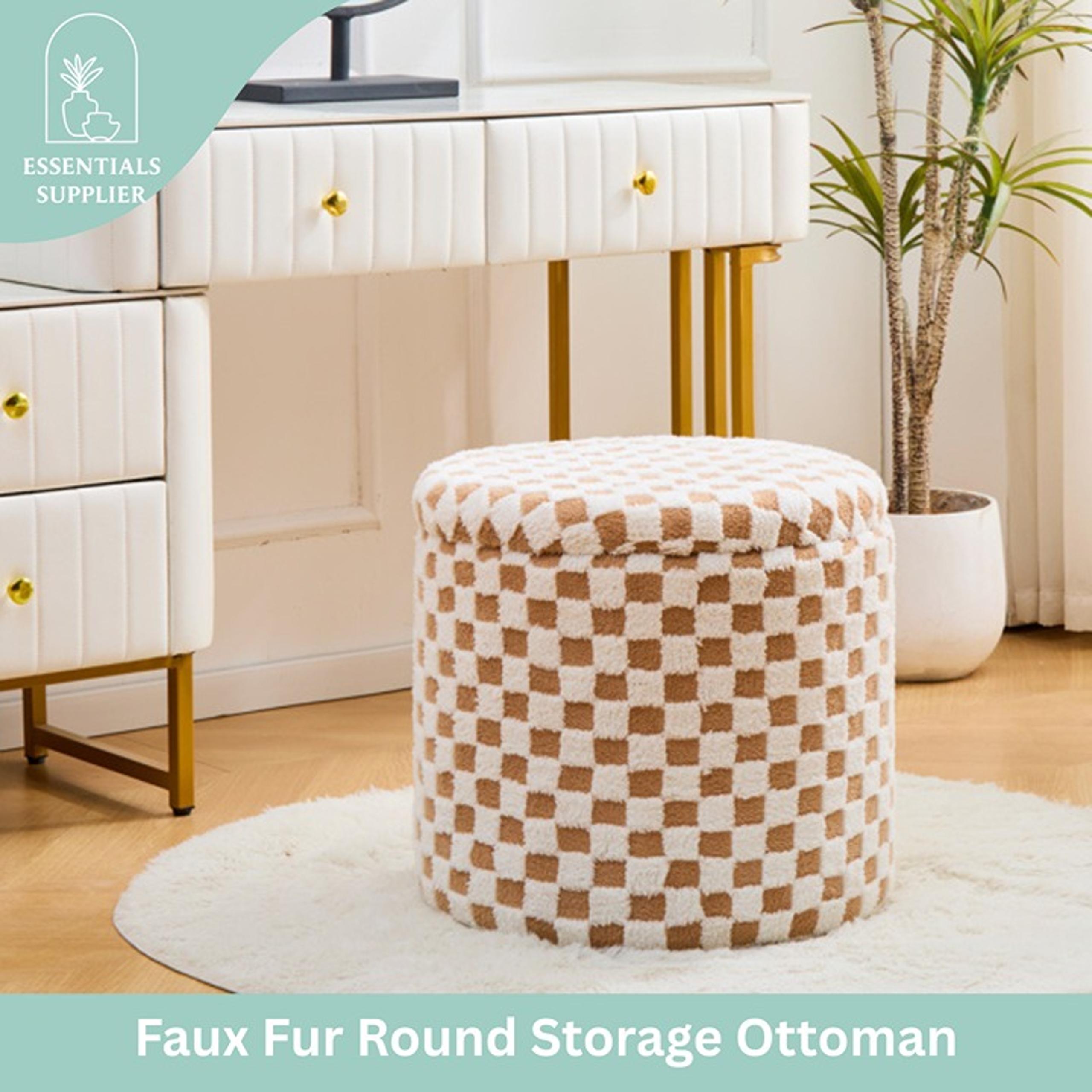 Round Brown Faux Fur Ottoman with Storage – Footrest for Bedroom or Vanity
