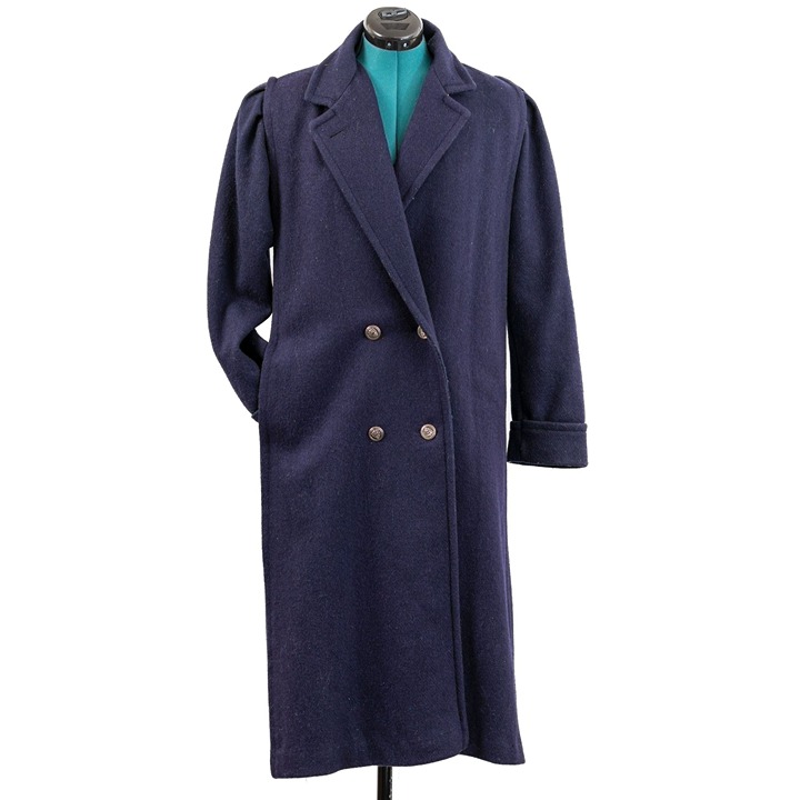 Vintage Classic Navy Wool Lined Long Pea Coat with Puff Shoulder Love Sleeve Wom