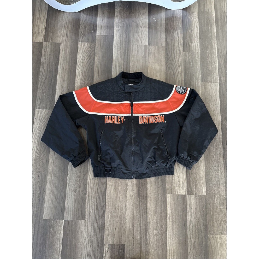 Harley Davidson Zip Up Jacket Kids Size XL Black Orange Spell Out