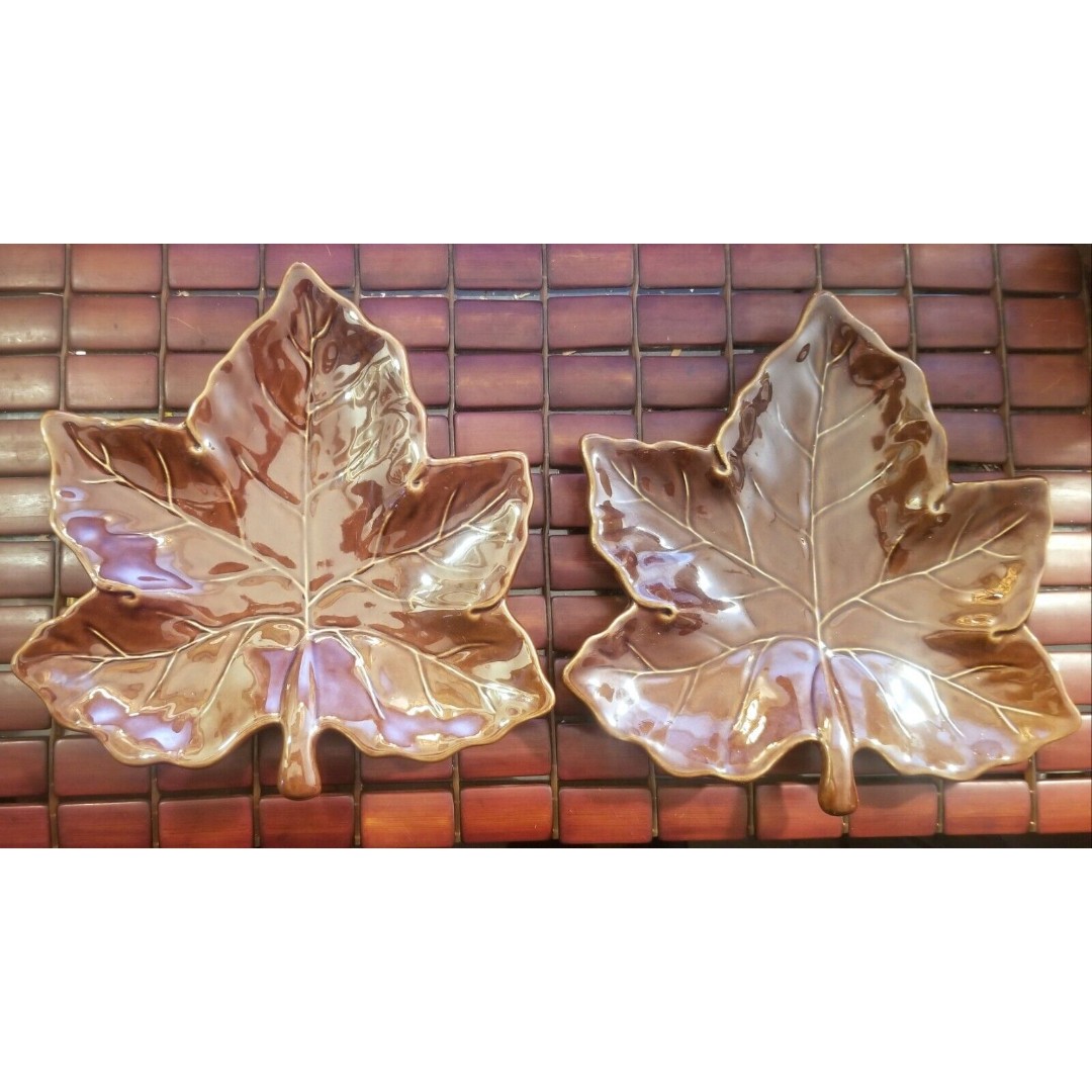 Pair of Pottery Barn Dark Brown Maple Leaf Salad Plates 11 x10 Retired