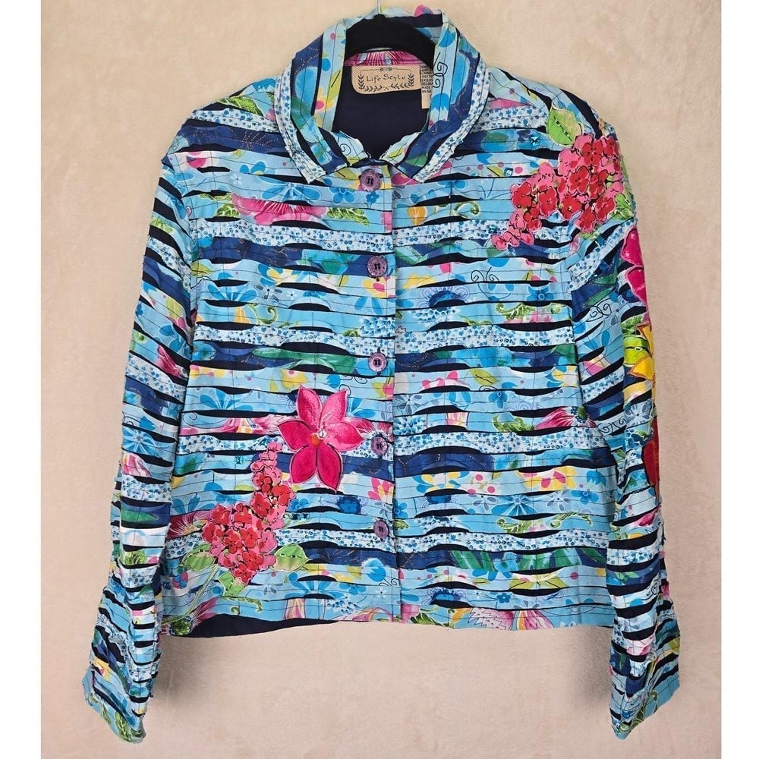 Life Style Womens Lightweight Cropped Blazer XL Jacket Artsy Tropical Whimsical