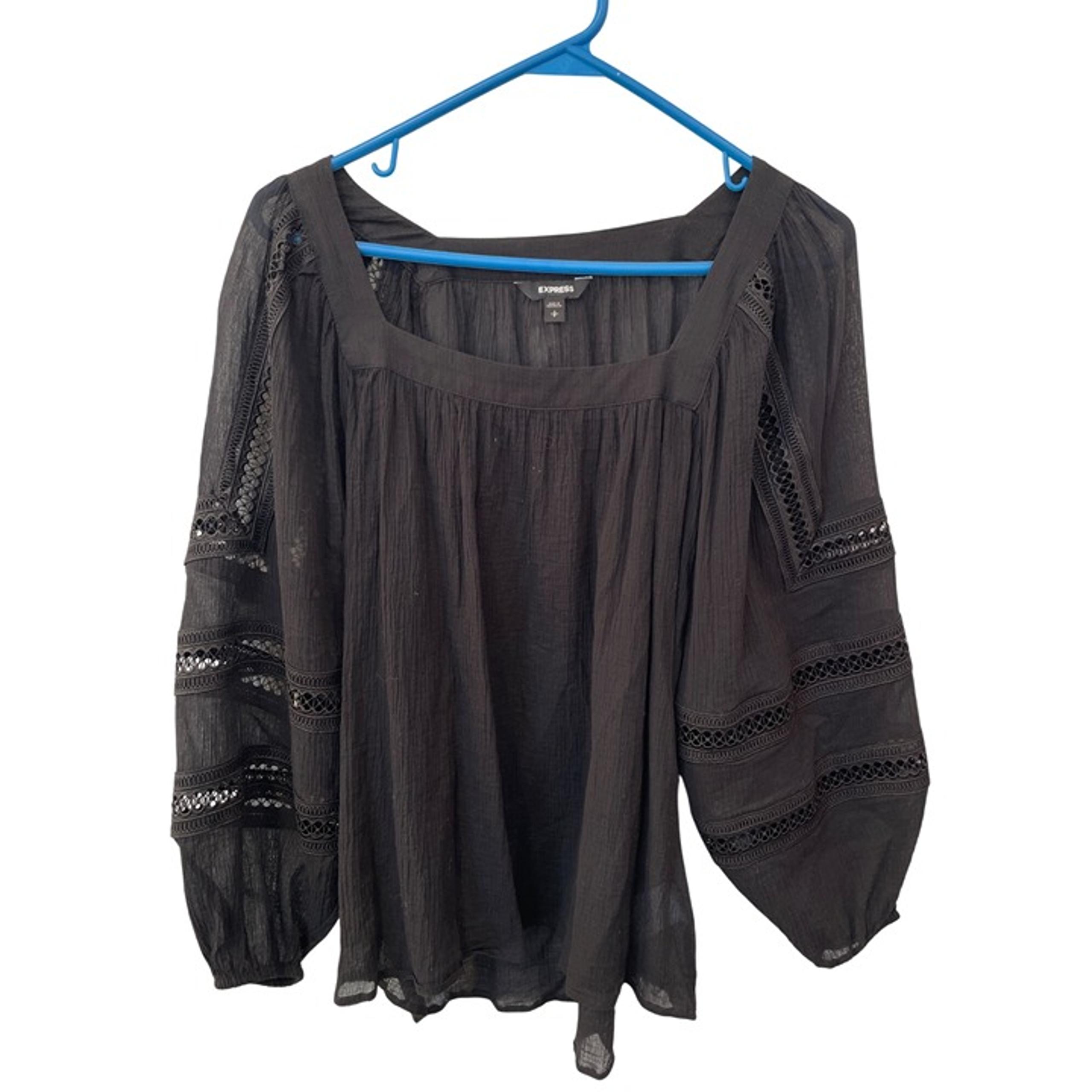 Express Square Neck Crochet Lace Sleeve Blouse Womens S Black Crinkle Boho Goth