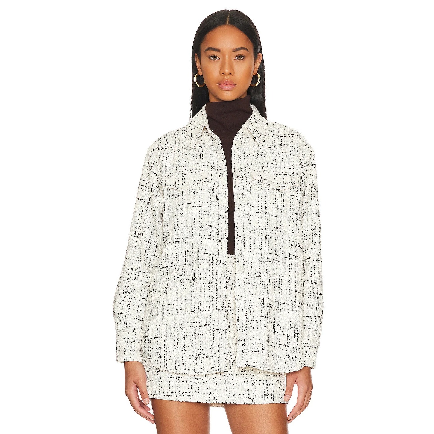 L'Academie The Meloe Blouse Tweed Button Front Long Sleeve Ivory Winter Shacket