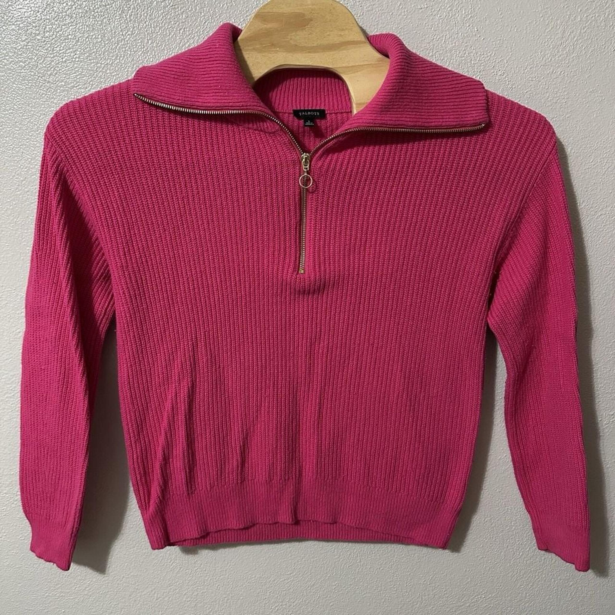 Talbots Sweater Size Large Hot Pink 1/4 Zip Lightweight Ribbed Knit Pullover