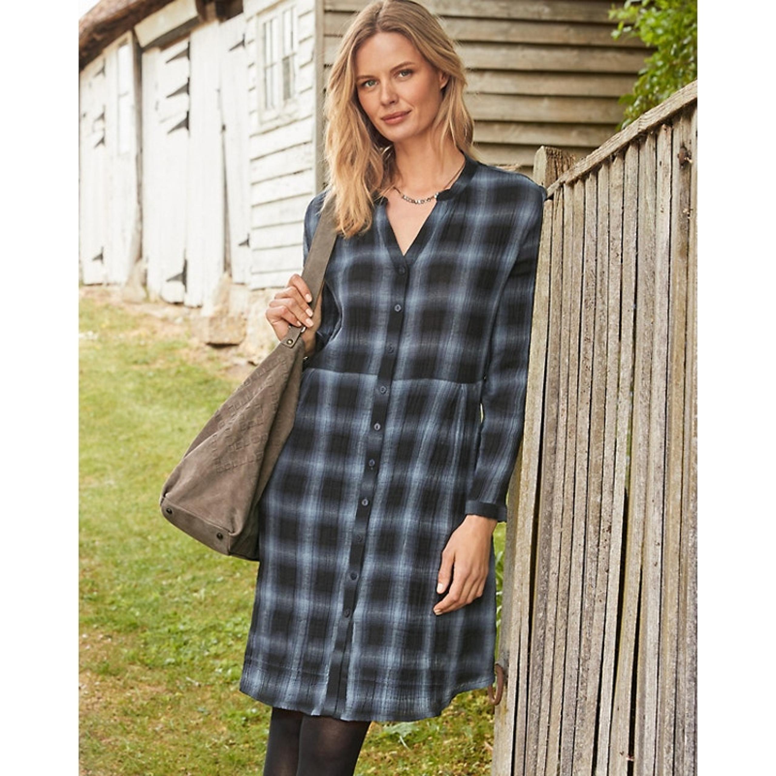Garnet Hill Gauze Button Front Shirt Dress Blue Black Plaid Sz 14 Organic Cotton