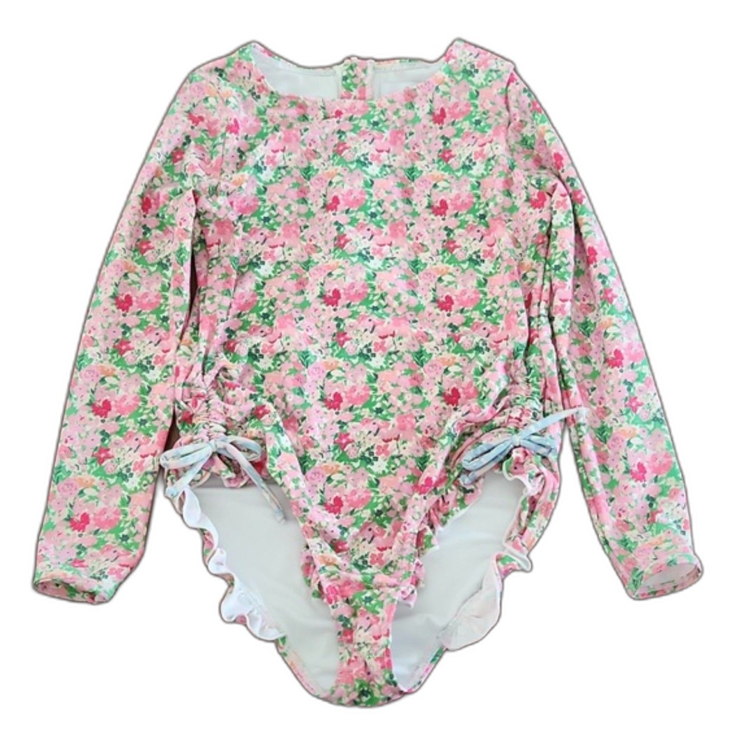 SweetHoney Floral Onepiece Rash Guard Swimsuit, Pink/Green, Size 12Y