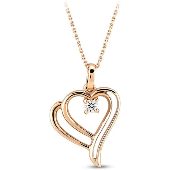 14K Real Gold Pendant Necklaces w Certified Diamond Double Heart Rose Gold 17.7