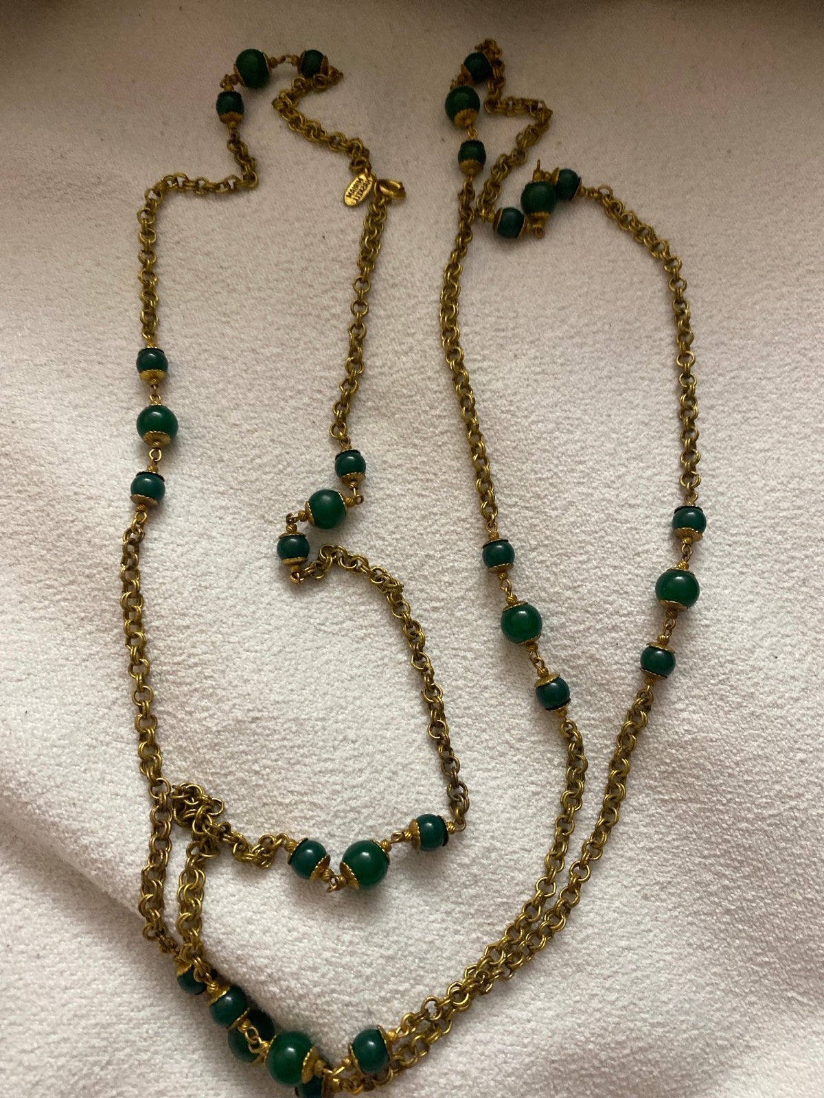 Miriam Haskell Signed Gold Chain Necklace with Malachite Green Glass Nugget Stat