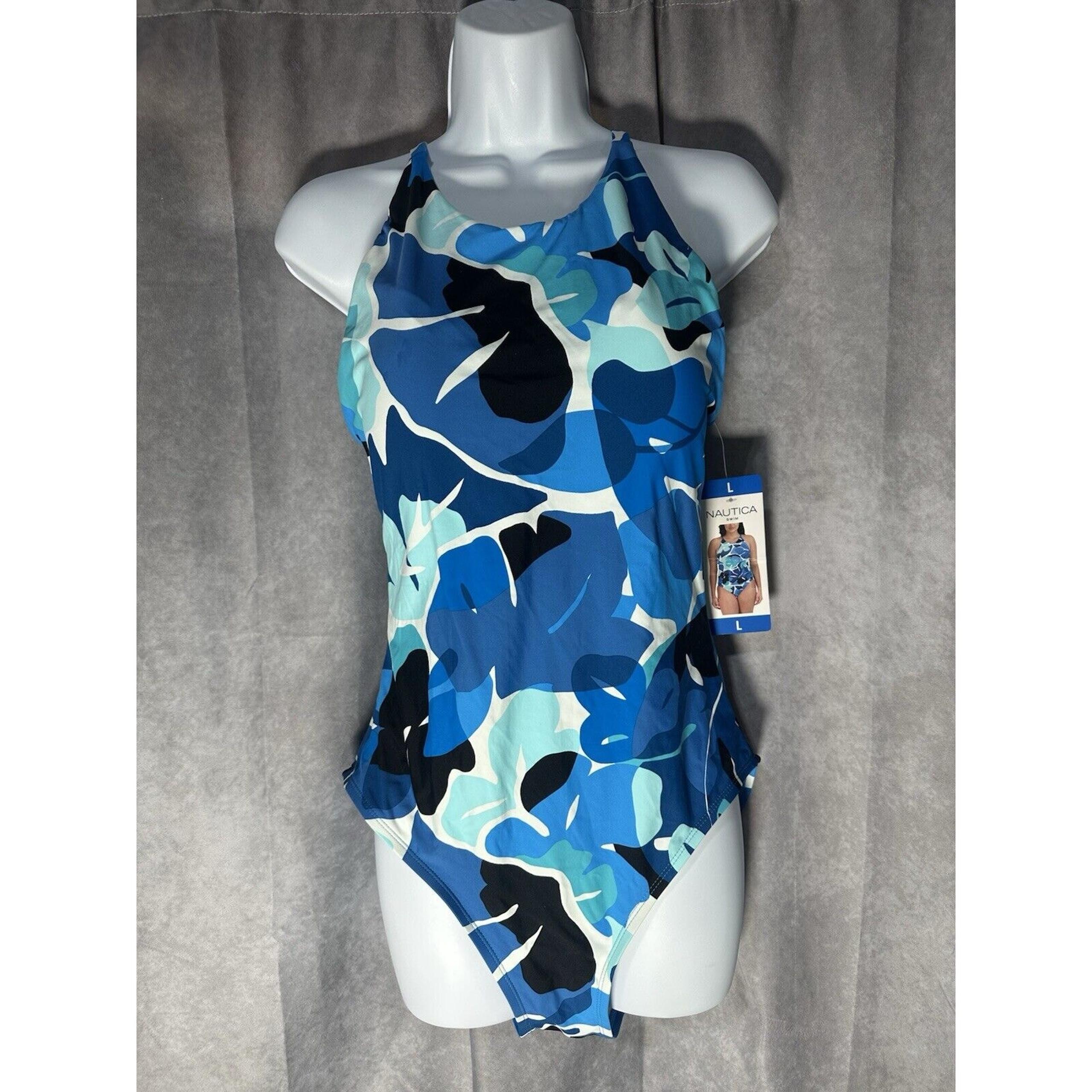 Nautica Womens Cross Back One Piece Swimsuit BLue white floral Print Size Large
