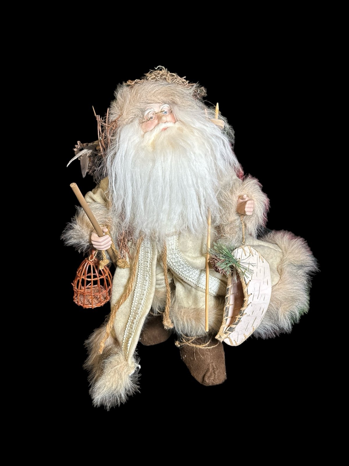 20” H Christmas Tan Coat Rustic Santa Claus Figurine Statue,Birds,bark Canoe