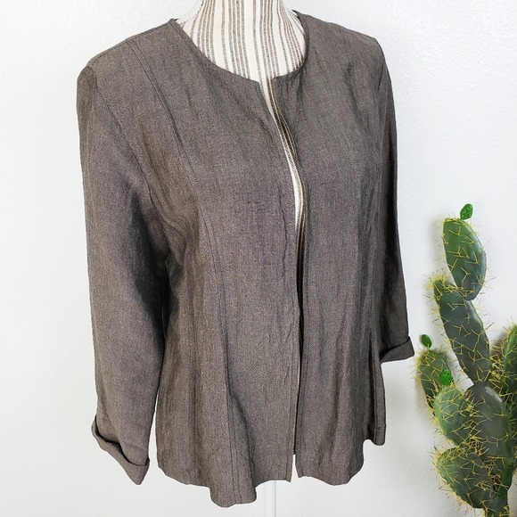 EILEEN FISHER Linen Blend Jacket Blazer size Large Brown Open Front Lagenlook