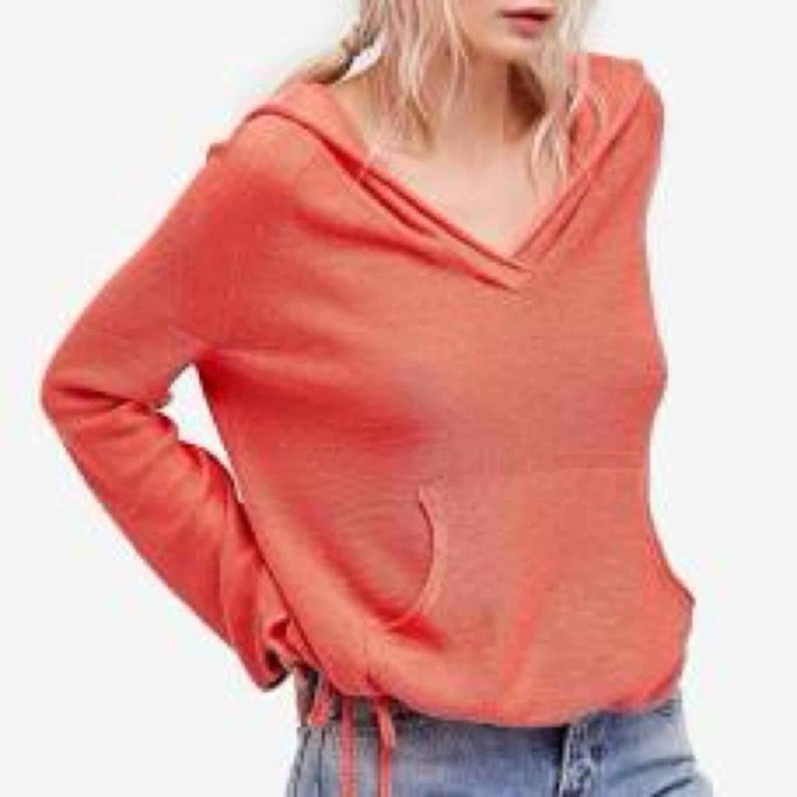 FREE PEOPLE Relaxed V Neck Hoodie Long Sleeve Optimist Coral Womens Size Medium