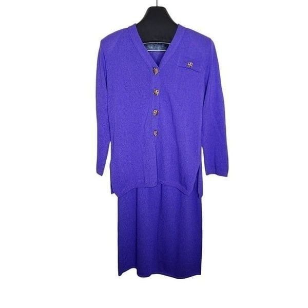 Vintage 80s Cardigan Sweater Knit Skirt Suit Set Womens Size 10 Purple