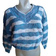 Women's Medium Vintage Oversize V-Neck Striped Valley girl Preppy Sweater 80s