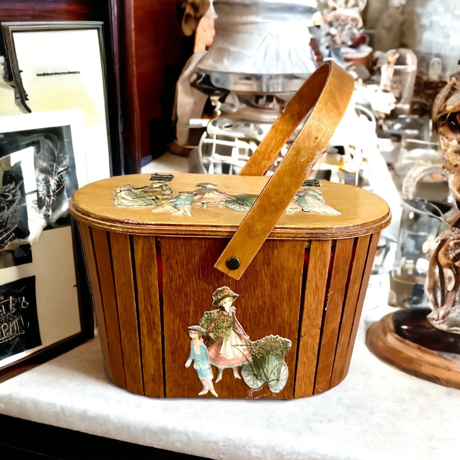 Vintage Decoupage Wood Hand Basket/Purse With Handle Lined Children At Play