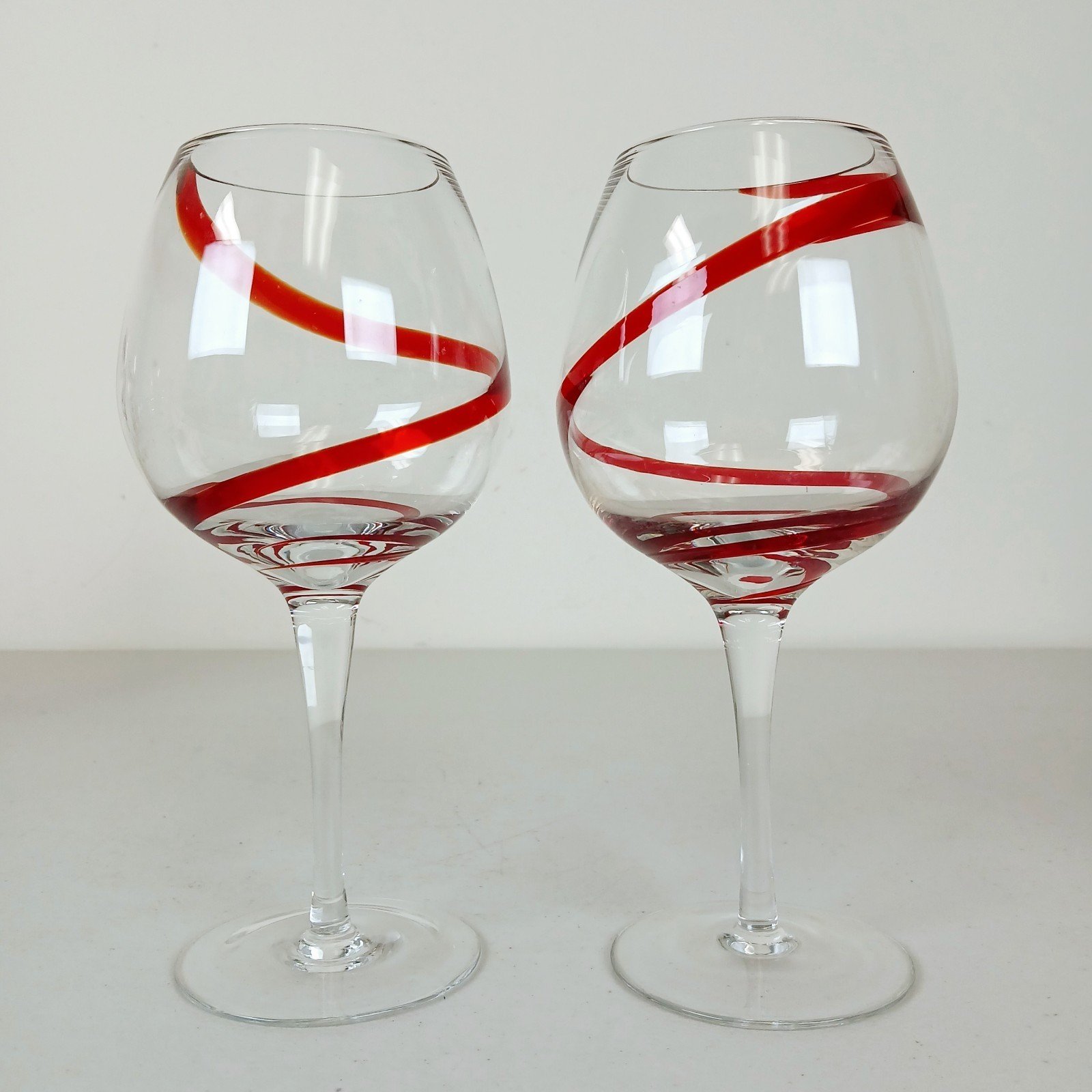 Pier 1 Candy Cane Balloon Wine Glasses Red Stripe Spiral Swirl Set of 2