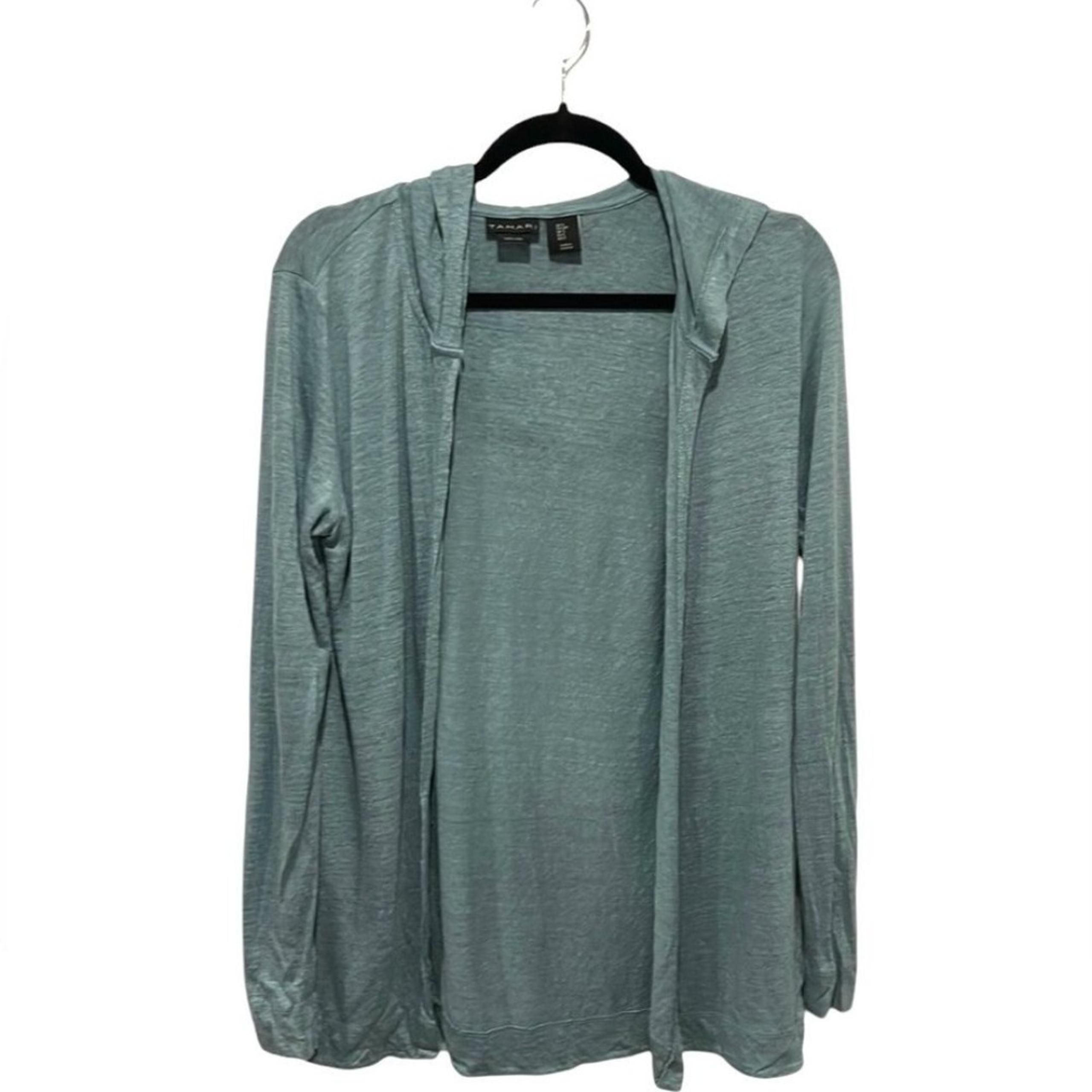 TAHARI open front hooded cardigan 100% linen green size small