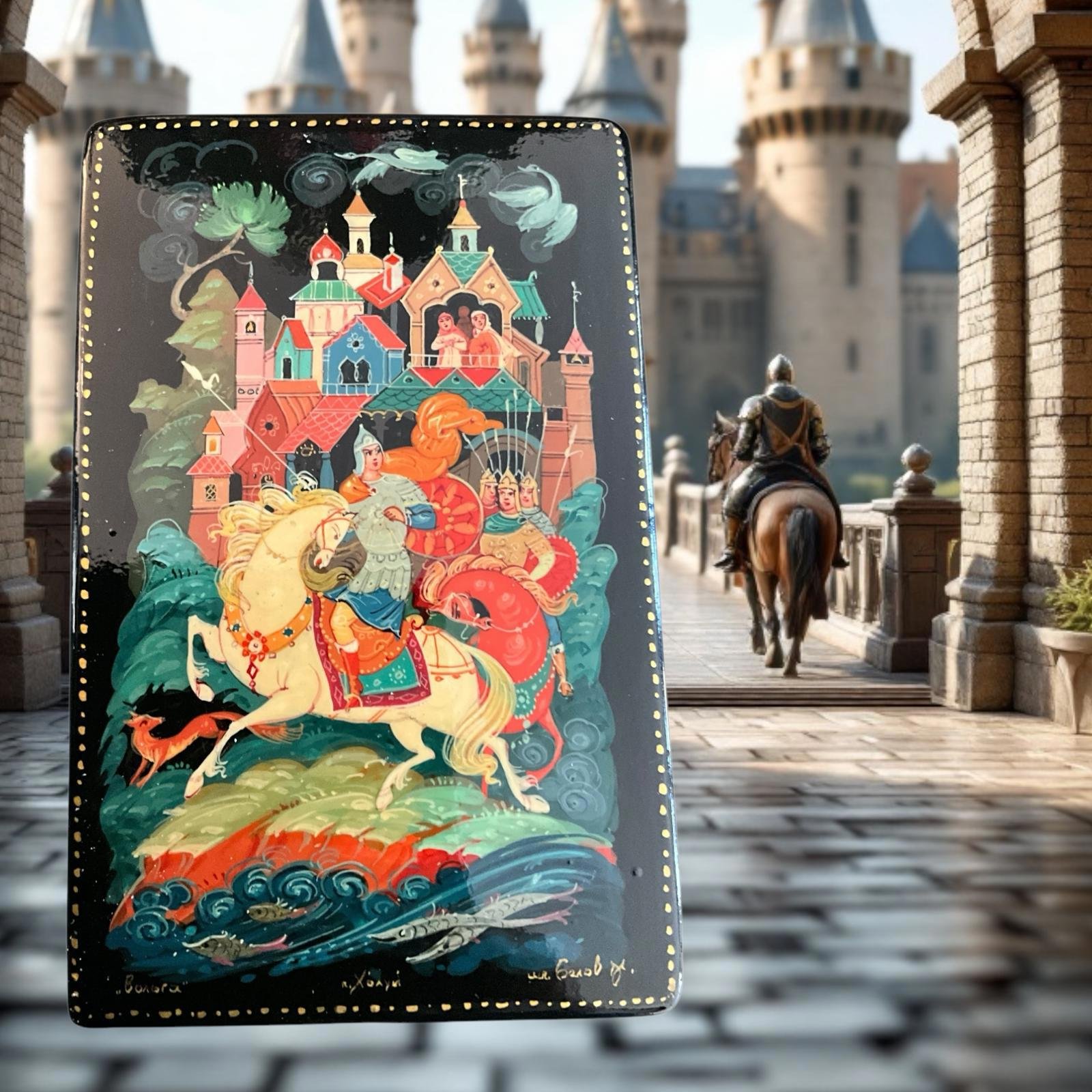 Russian Lacquer Box. Vintage Volga Folk Tale. Hand-Painted.Signed.