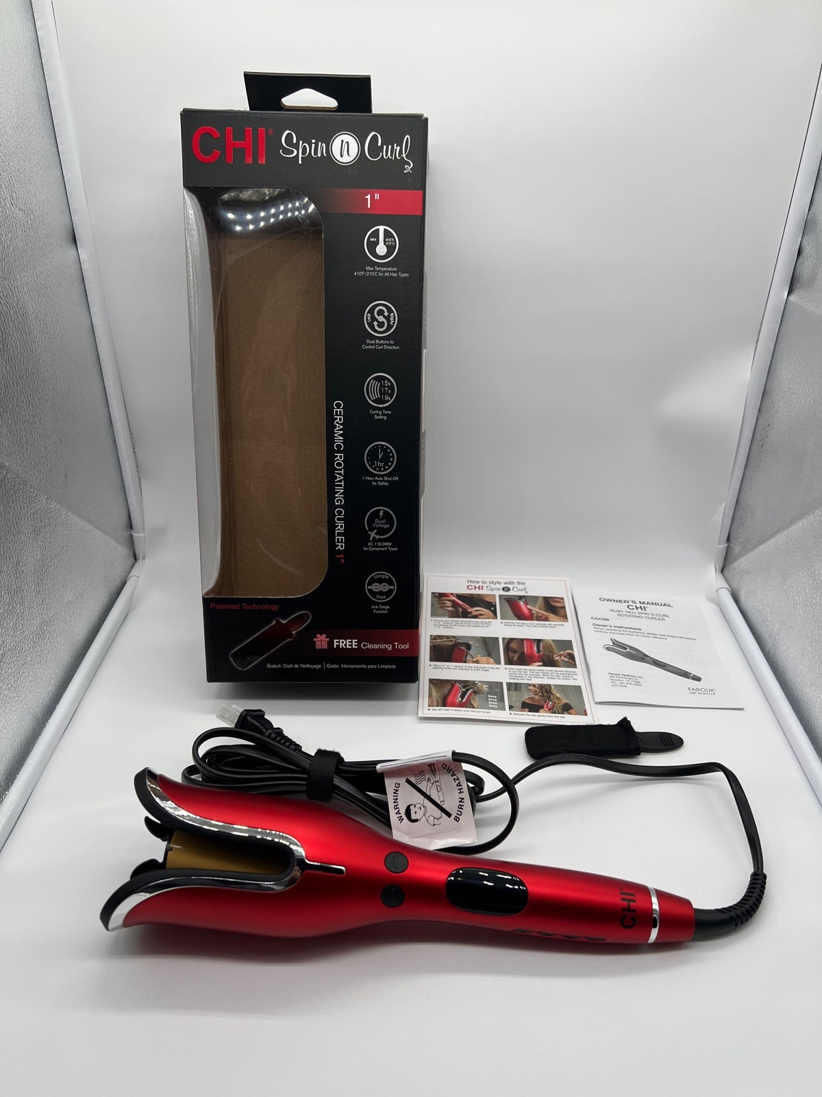 CHI Spin N Curl 1” Ceramic Rotating Hair Curler Ruby Red