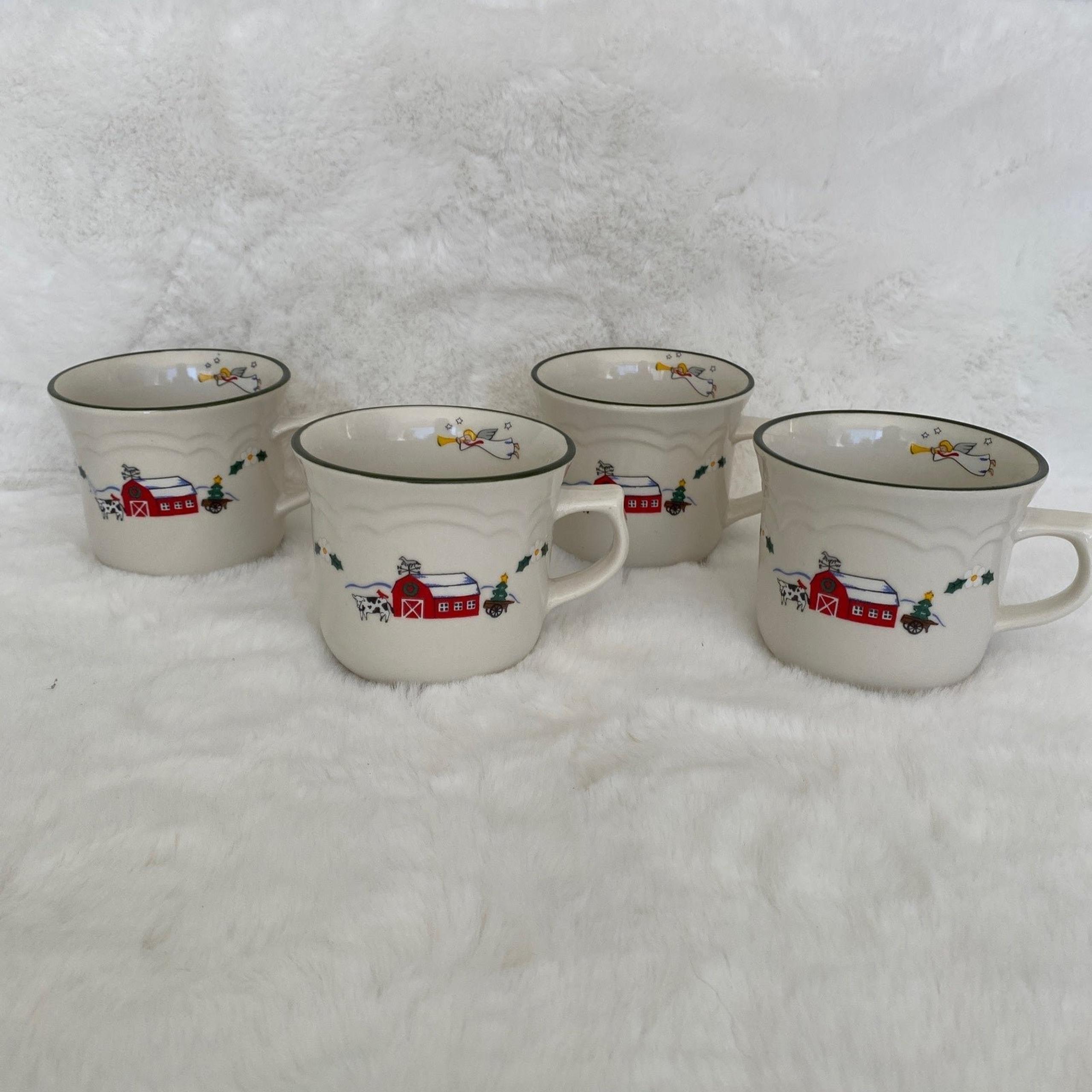 4-Pfaltzgraff Snow Village Christmas Mug Coffee Tea Cup Stoneware Barn Cow Angel