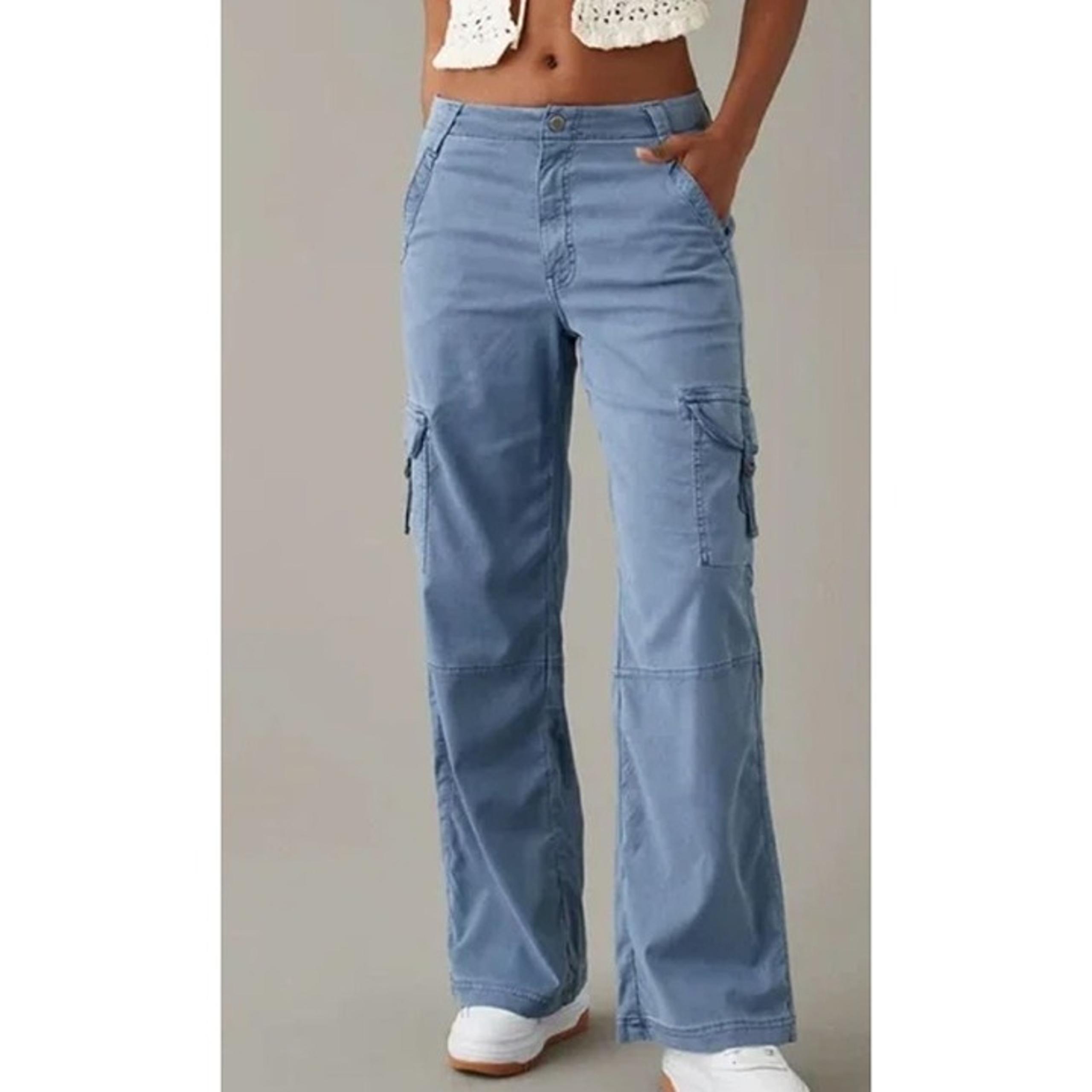 American Eagle Super High Rise Baggy Wide Leg Cargo Pants Women 4 Long Blue