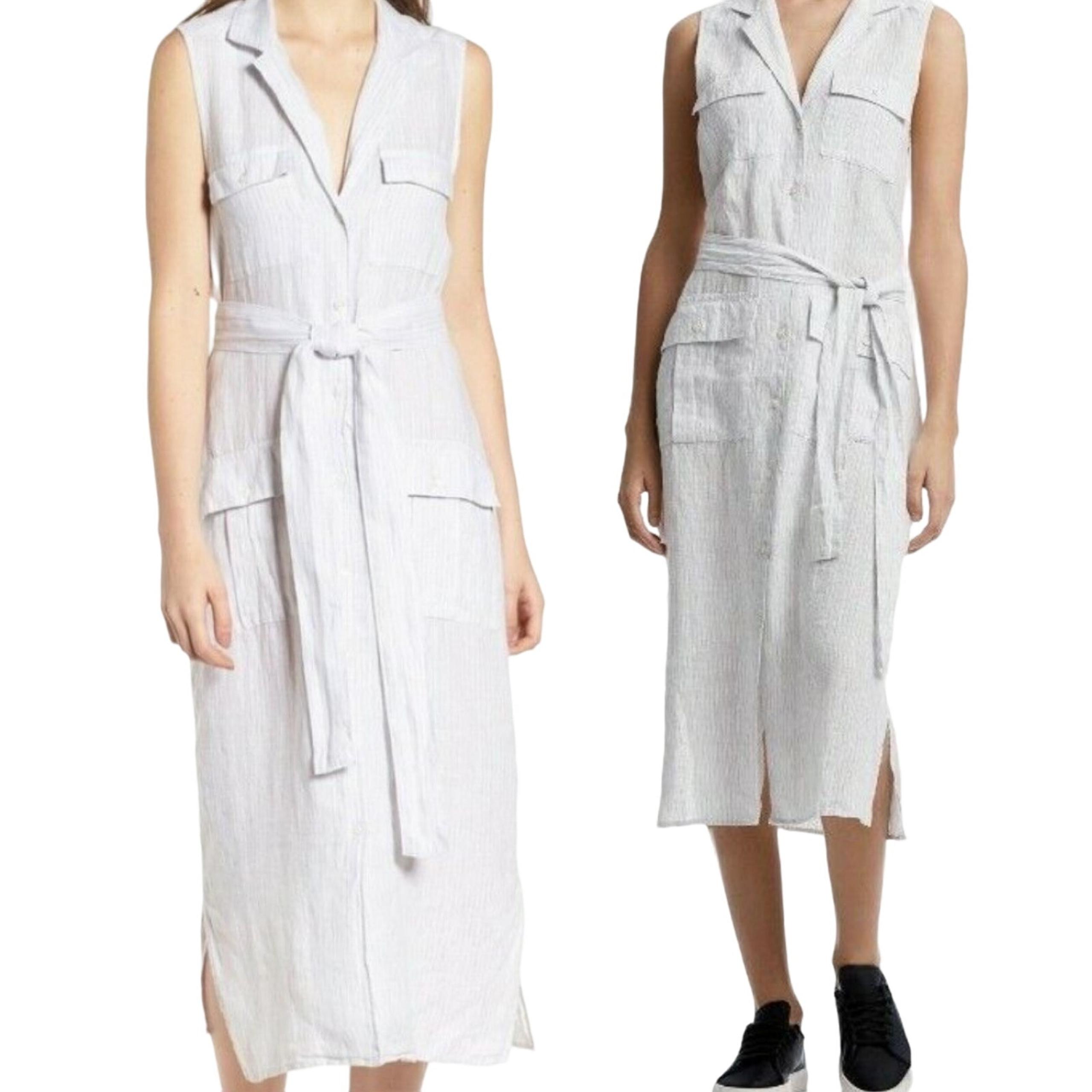 Standard Linen Shirtdress Sleeveless Striped Midi Belted Gray 0 XS - James Perse