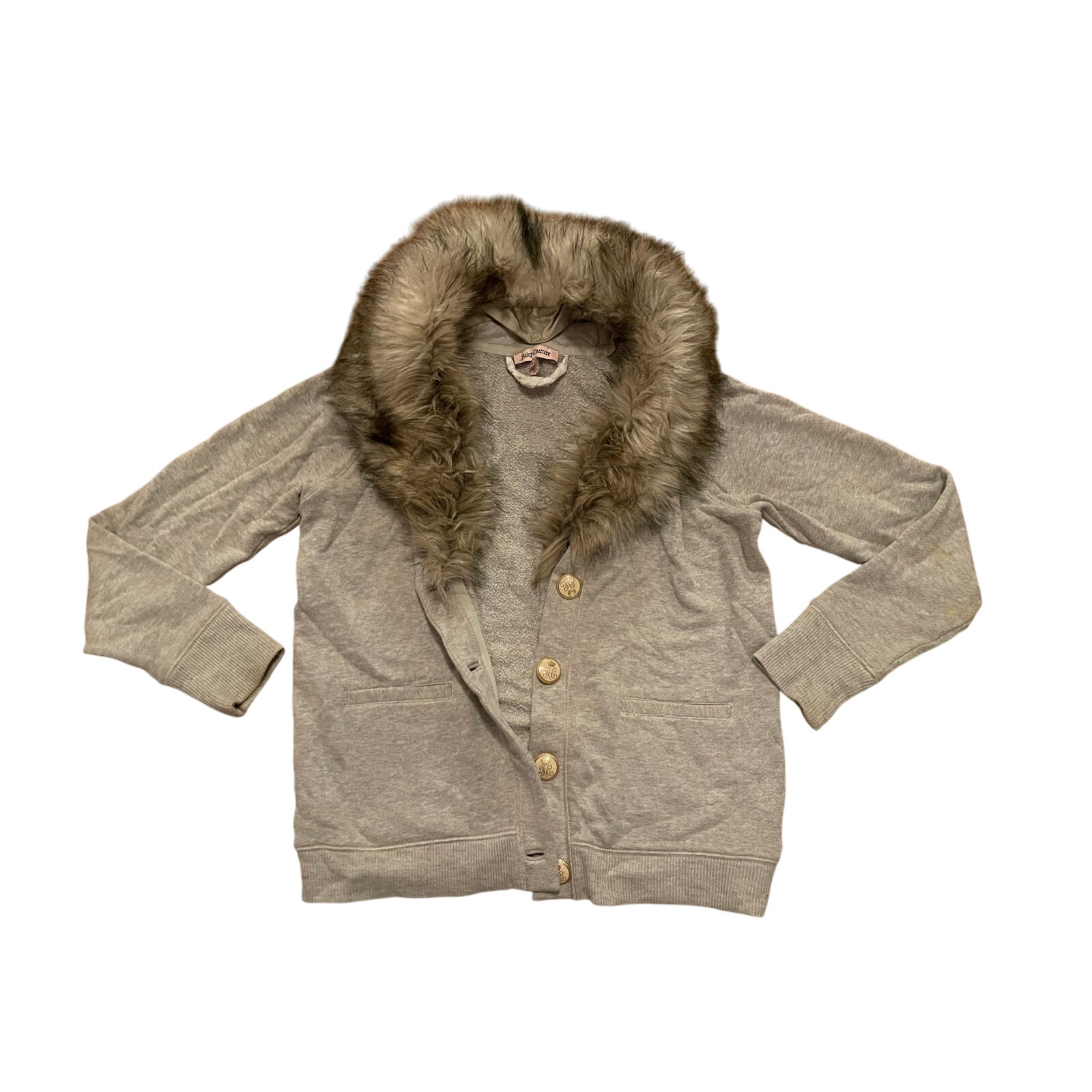 New Juicy Couture Vintage Y2K Grey Sweatshirt Sweater Cardigan Fur collar M RARE