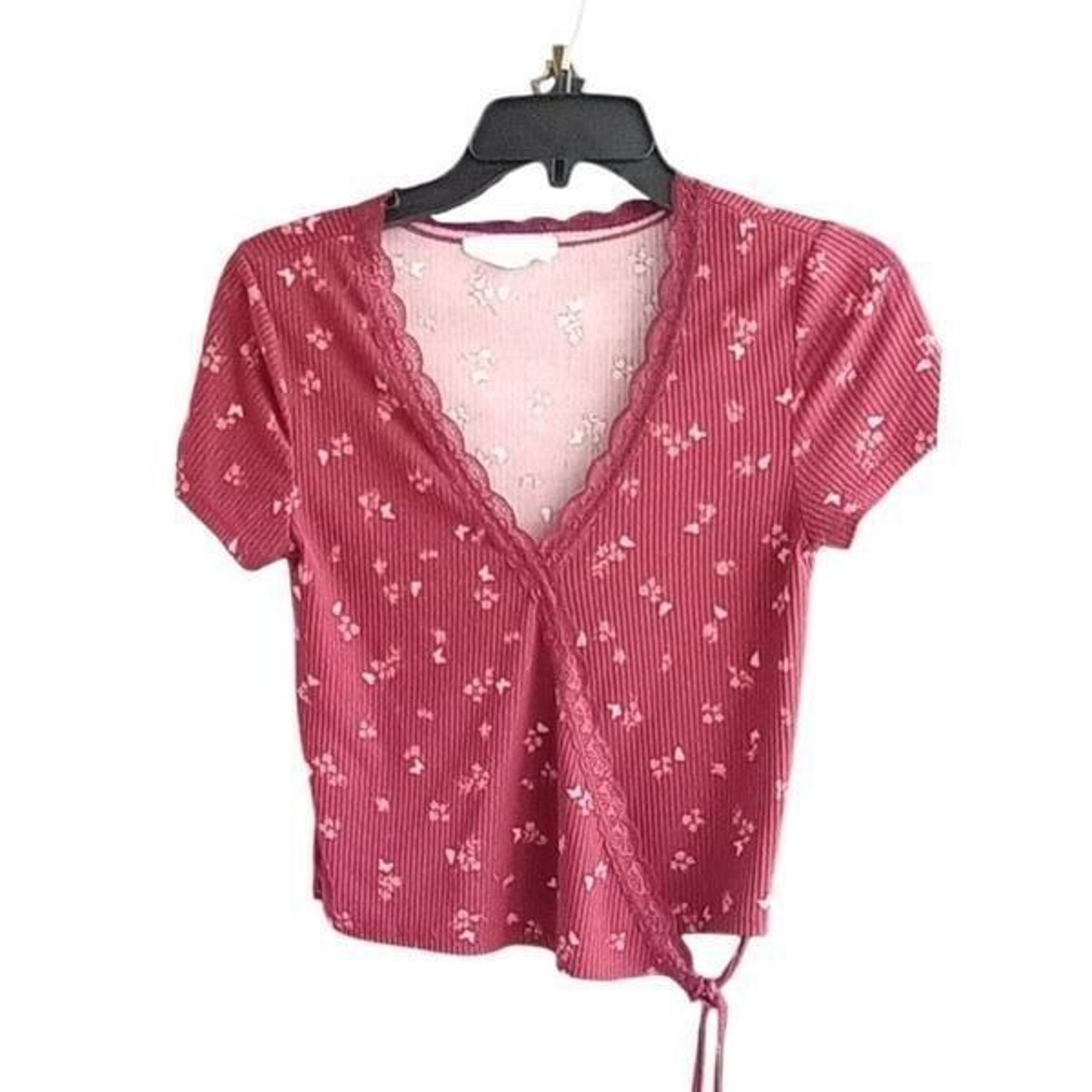 Pink rose,burgundy floral, mock  wrap short blouse