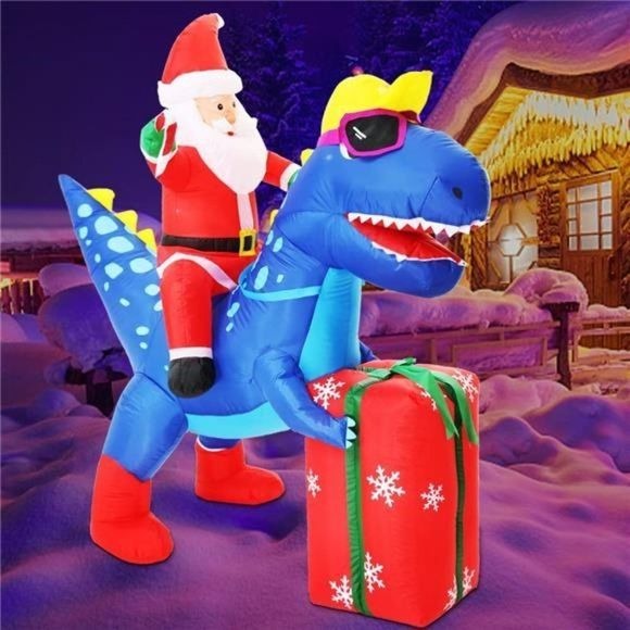 6FT Inflatable Christmas Yard Decorations, Santa Ride Dinosaur with Gift