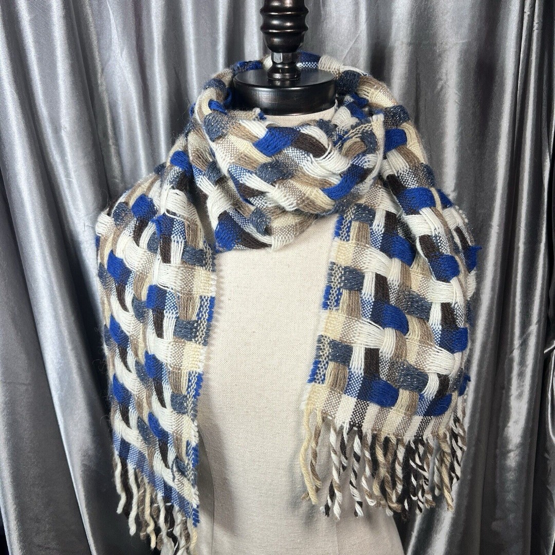 Lambswool Tassel Scarf Made in Italy Textured Woven 32X9 Blue Tan Unisex Winter