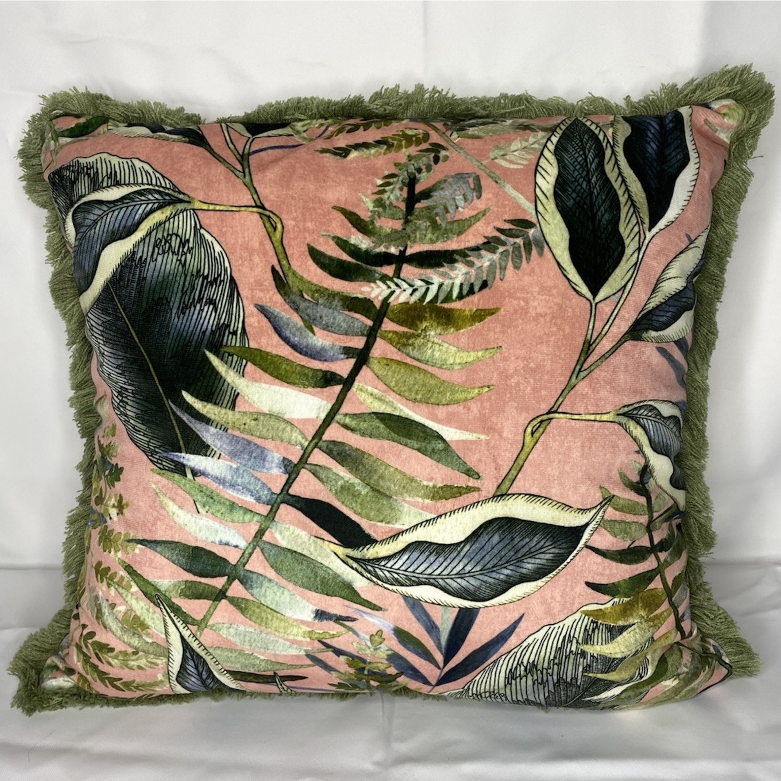 Tropical Botanical Design Throw Pillow Velvet Cushion Green Colorful Fringe