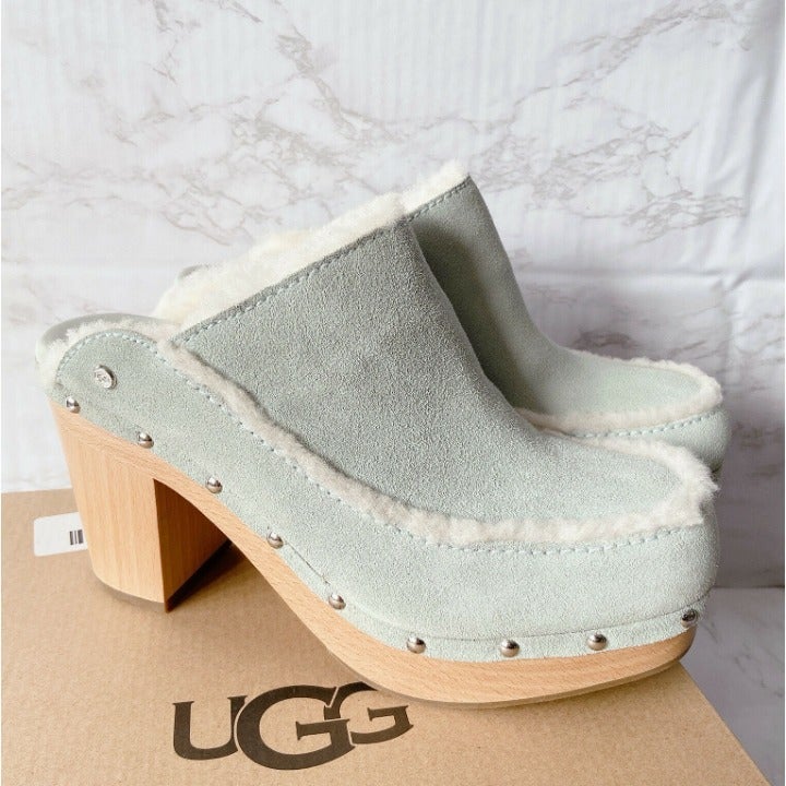 UGG AUBRIANA Studded Platform Wedge Heel Clogs Shearling Sky Gray Wool US 6 EU37