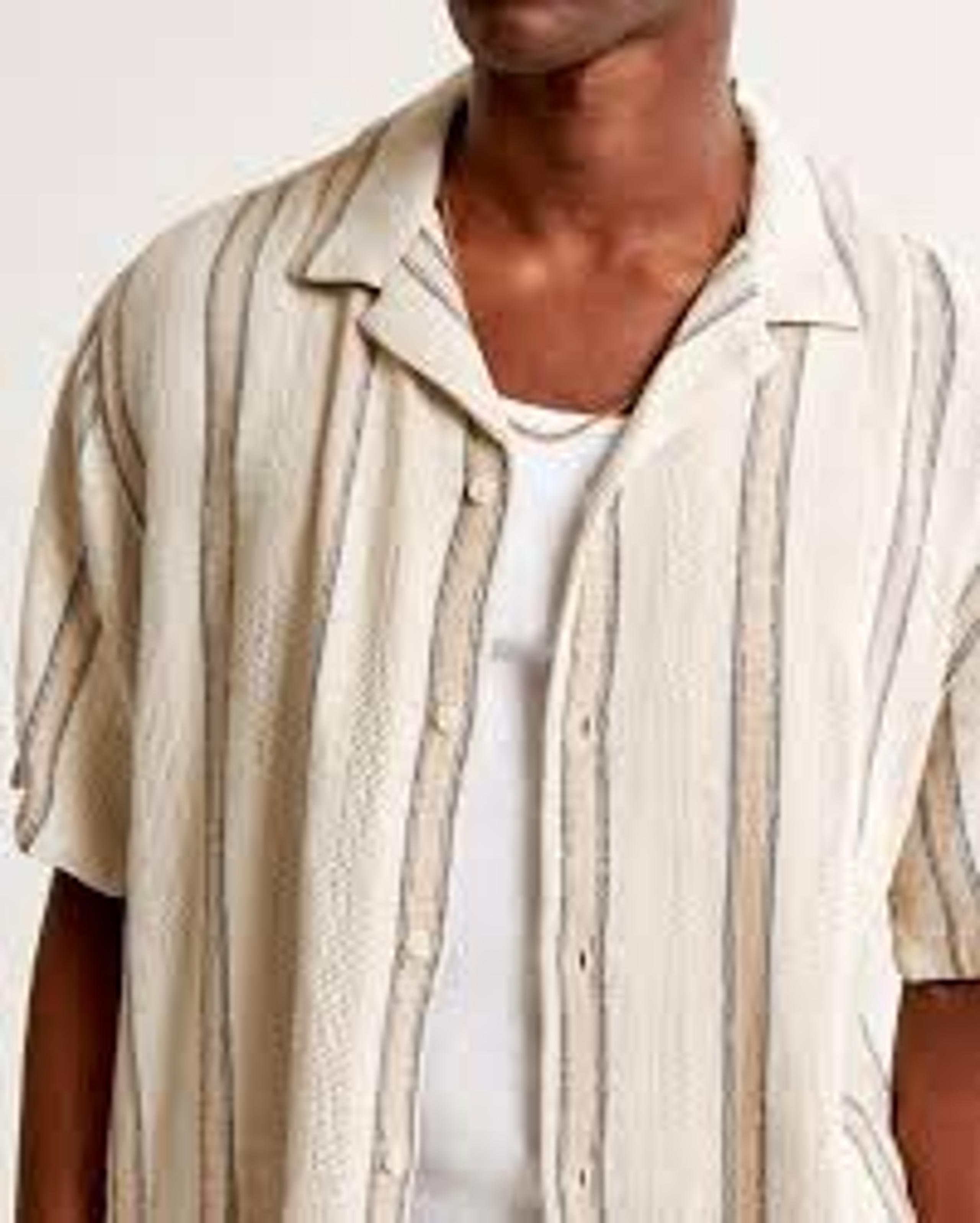 Abercrombie Linen Blend Camp Collar Shirt Men’s L – Cream Stripe