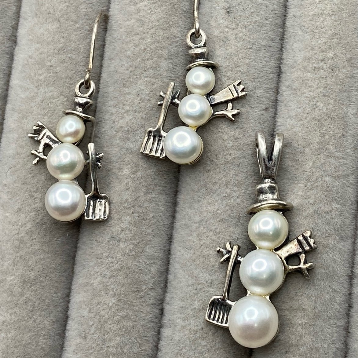 Silpada Sterling Silver and Pearl Snowman Earrings and Pendant