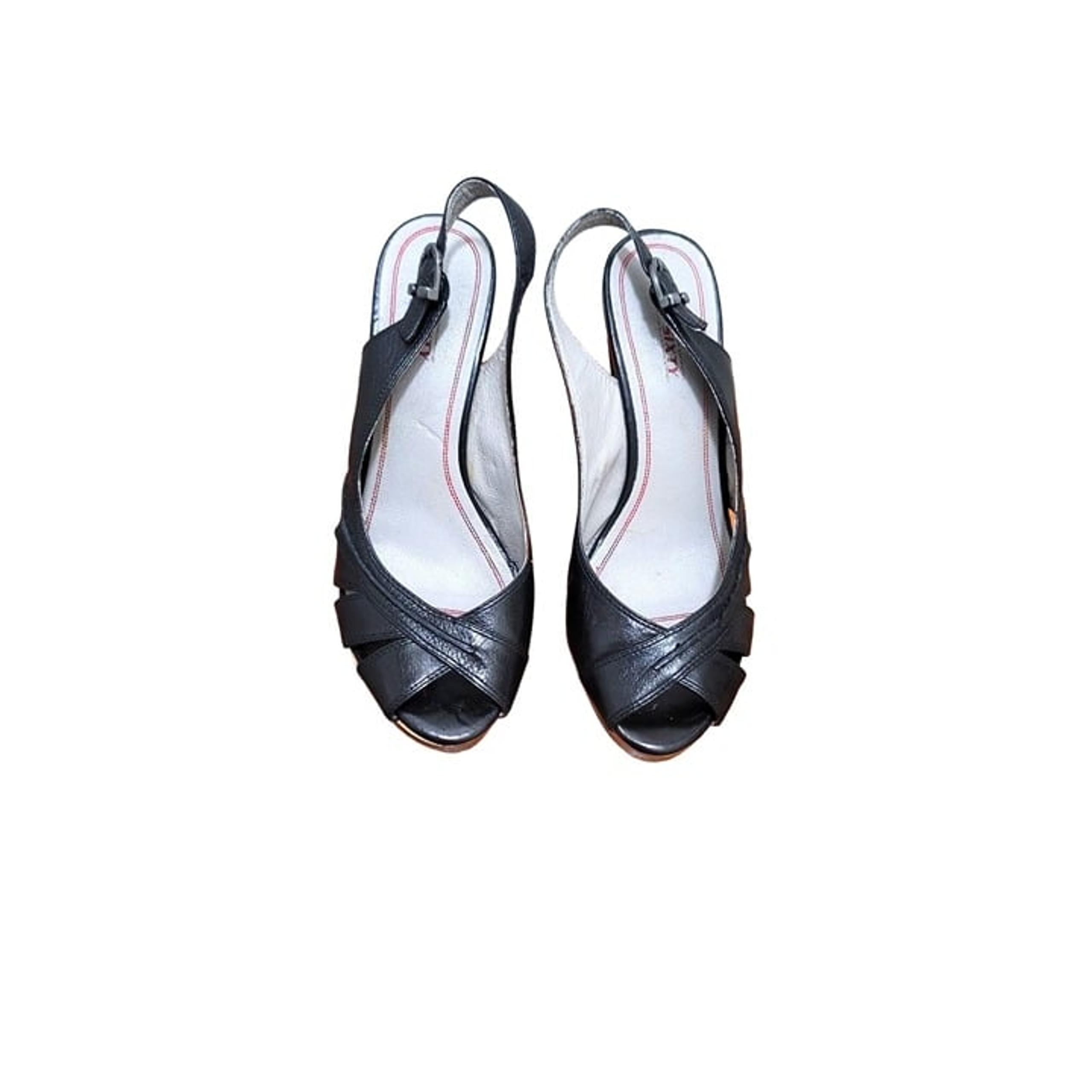 Miss Me Hana Black Leather Peep Toe Slingback Wood Heels Size 38