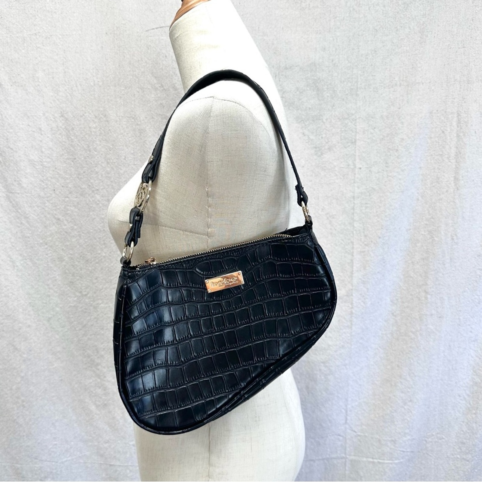 Bebe faux leather black croc Tara Mini Shoulder Hobo Saddle Bag