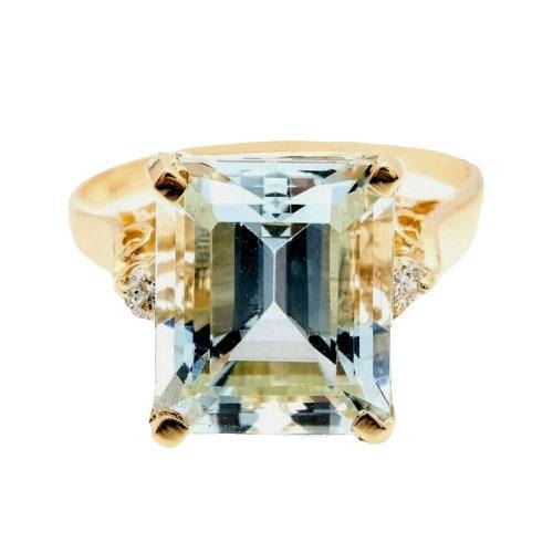 4.70Ct Natural Emerald Cut Aquamarine & Diamond Solitaire Ring 14k Yellow Gold
