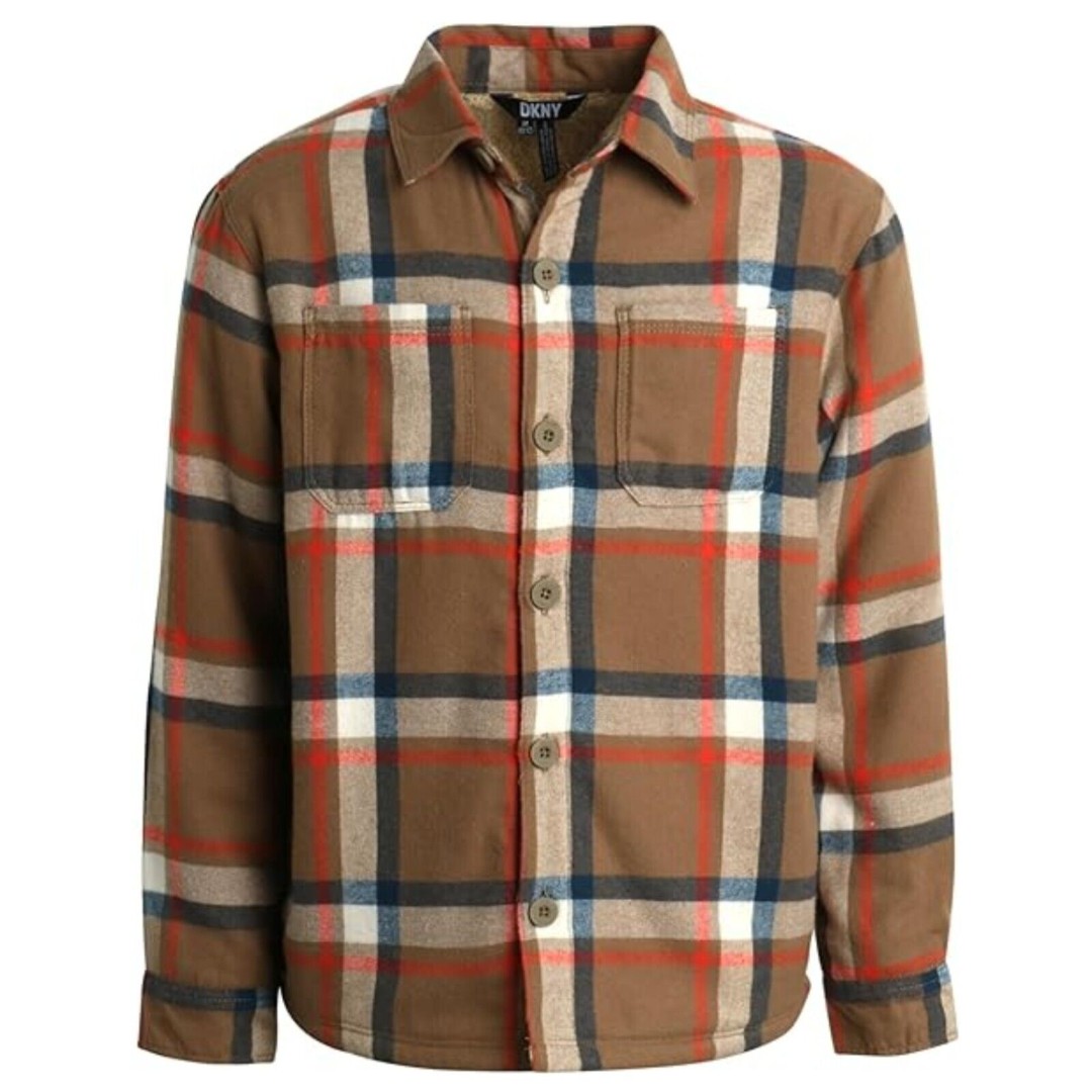 NEW DKNY Boys Size 5 Flannel Plaid Jacket Sherpa Heavyweight Button Long Sleeve