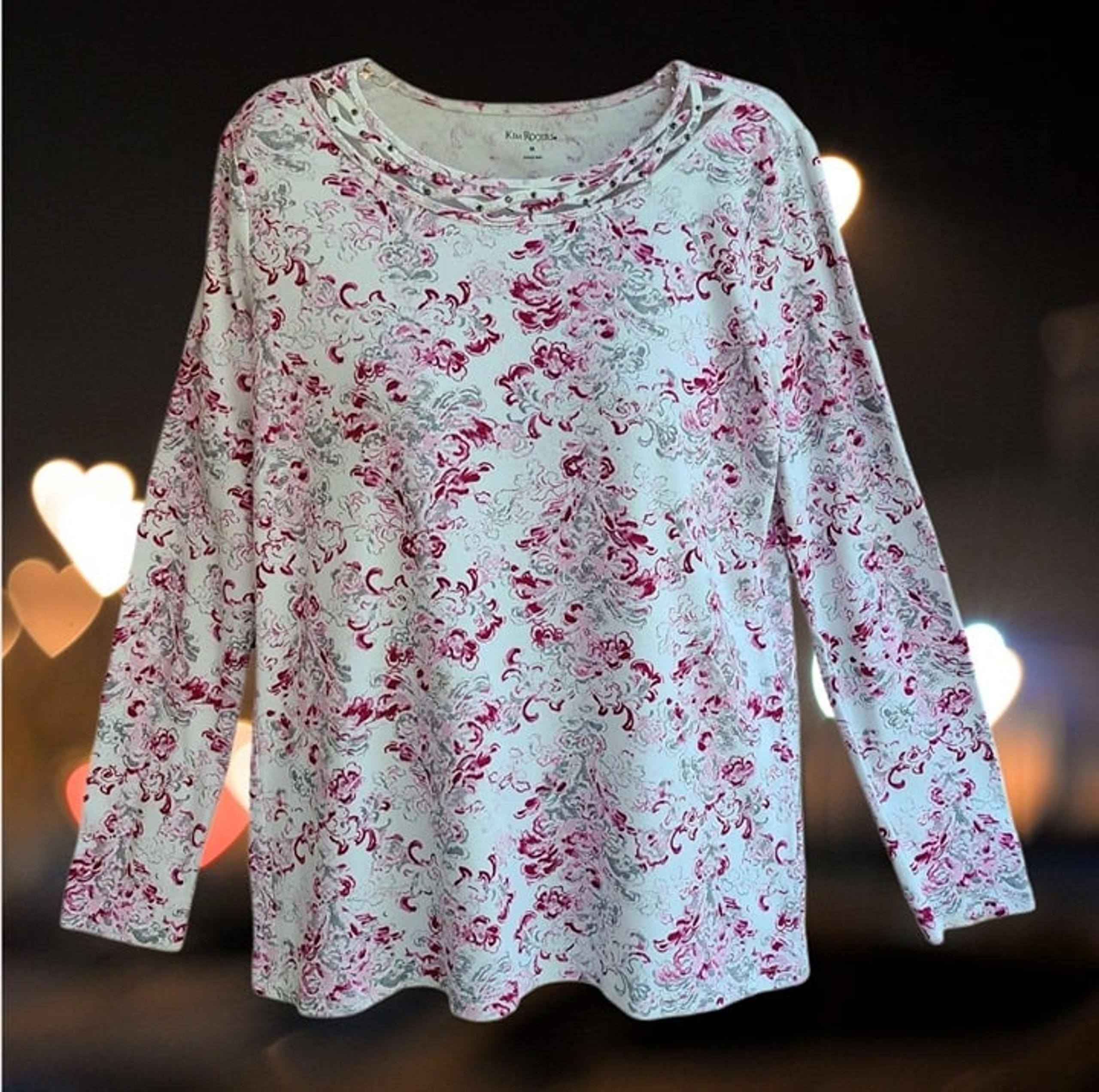 Kim Rogers Womens Knit Top Pullover Long Sleeves Beaded Pink White Floral Size M