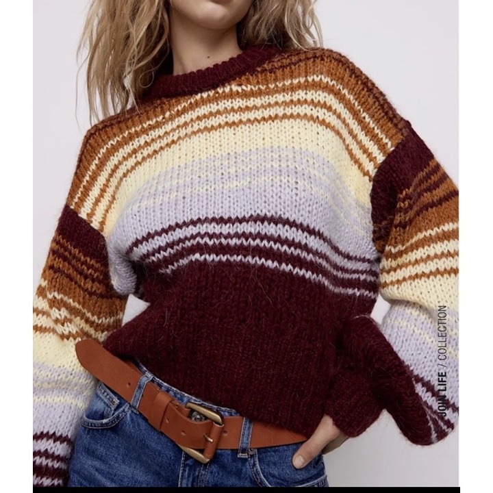 Red Berry Fashion Striped Multicolor Knitwear Pullover Sweater, Women's Size Med