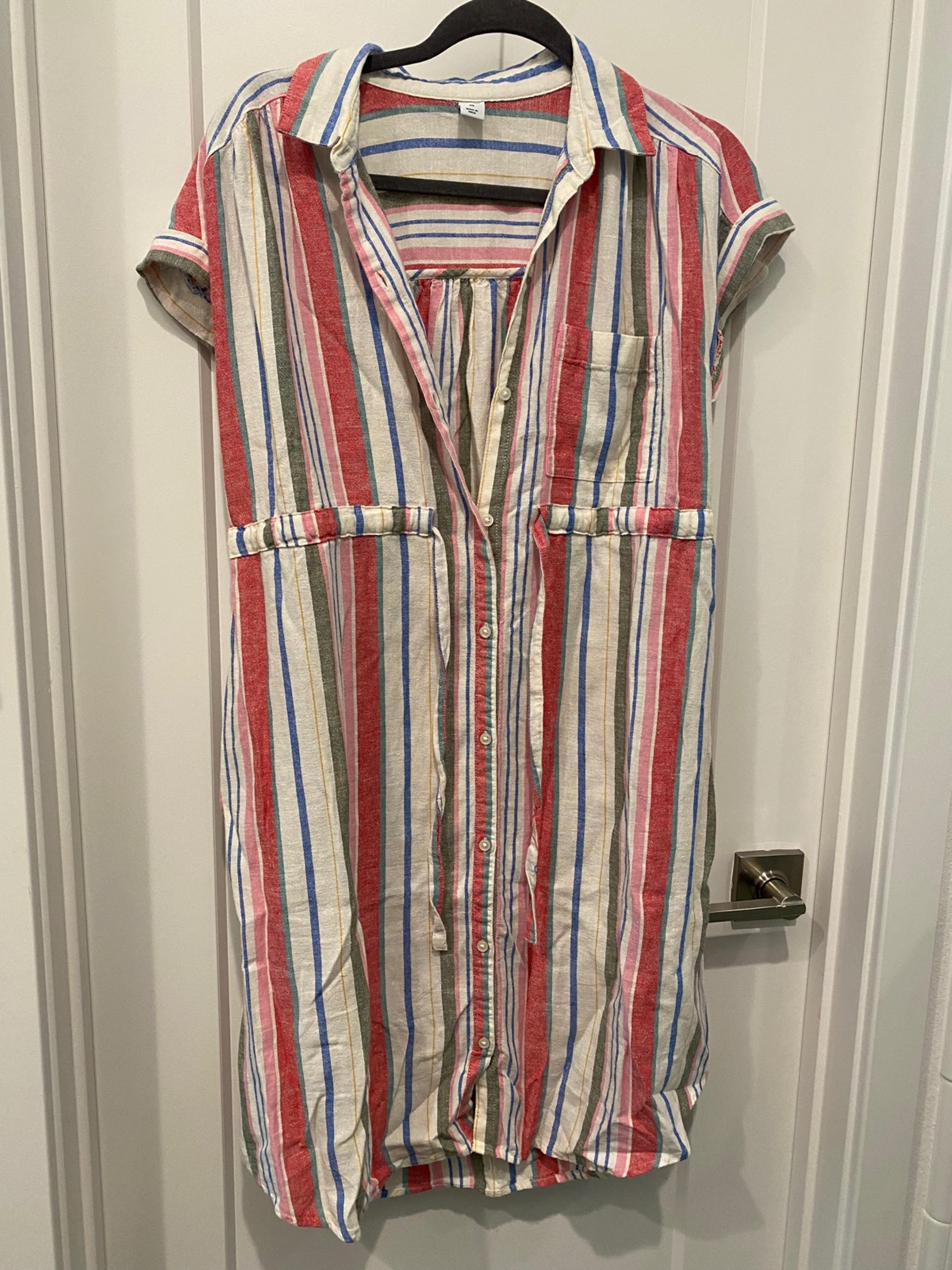 Old Navy Maternity Shirt Dress Striped Soft Linen White Pink Print Size XS