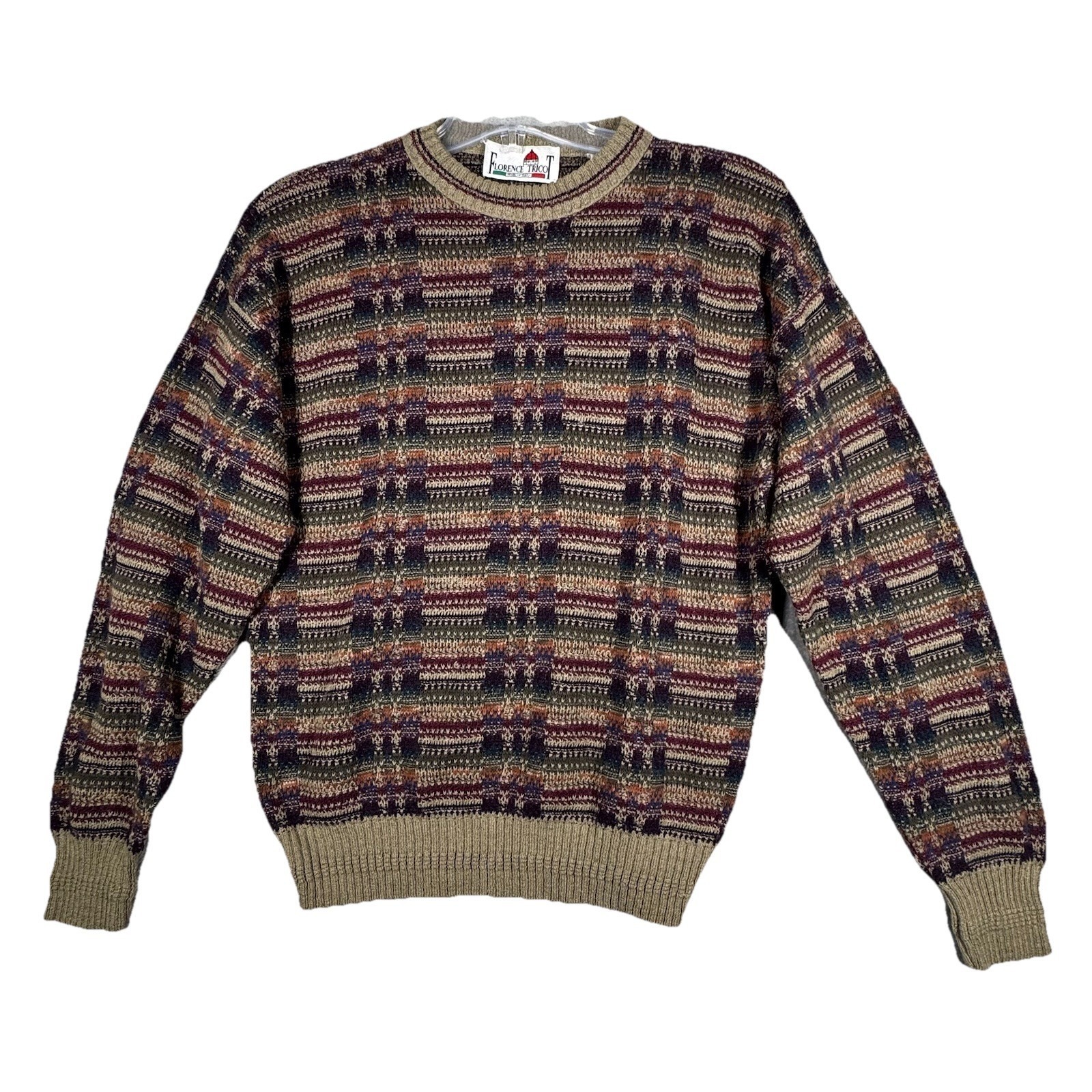 Florence Tricot Sweater Mens Medium Brown Green Geometric Vintage Cabincore