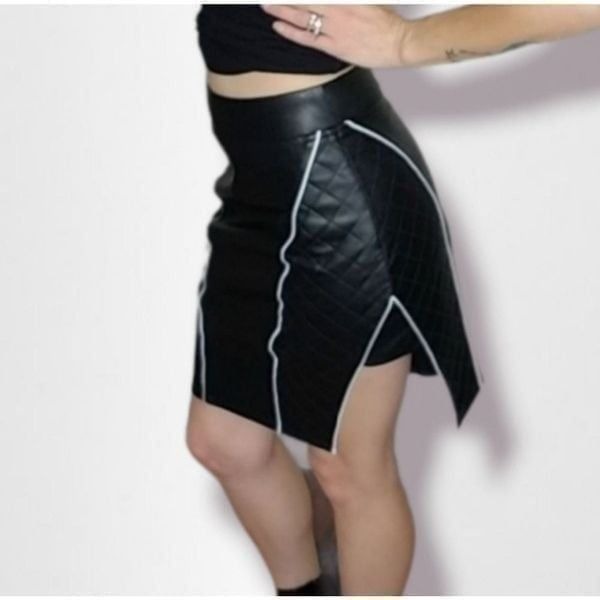 NWT Black white quilted leather asymmetrical moto skirt